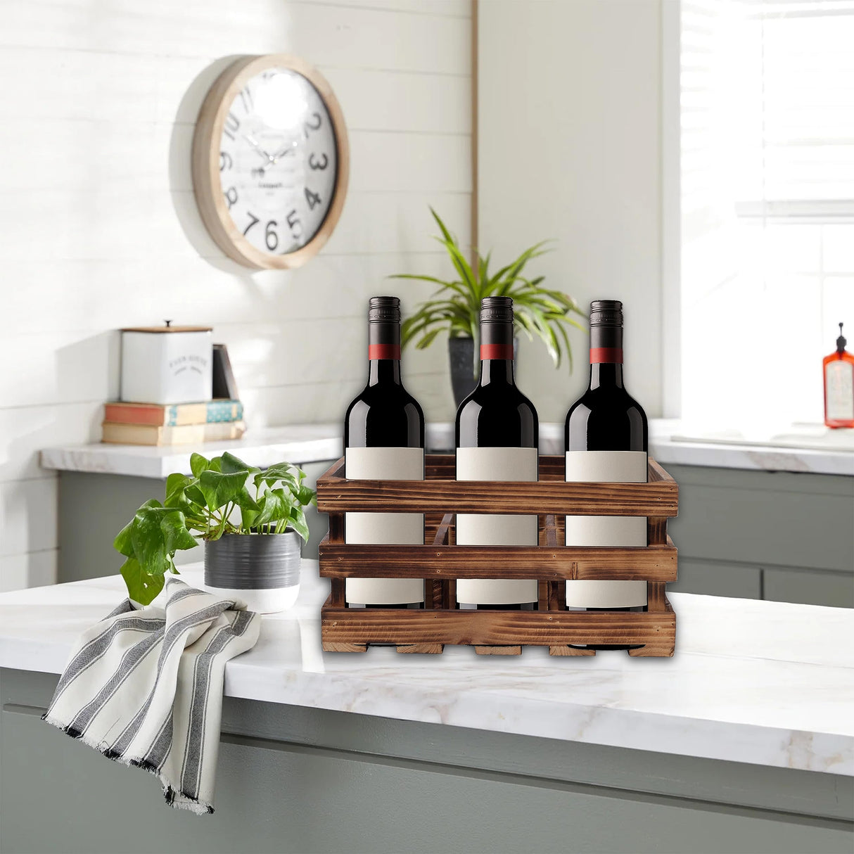 Sintosin Rustic 6 Bottle Wood Wine Racks Countertop, 13 x 8 inch Burning Finished Bottle Caddy, Handmade Farmhouse Wooden Wine Crates, Bottle Holder Decorative for Milk, Gifts for Wine Lovers Sintosin