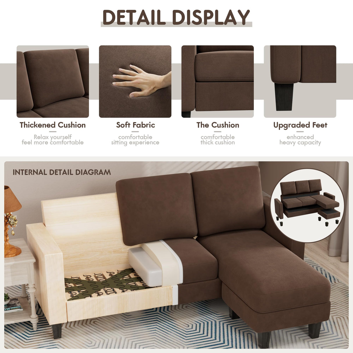 YESHOMY Convertible Sectional 3 L-Shaped Couch Soft Seat with Modern Linen Fabric, Small Space Sofas for Living Room, Apartment and Office, 70'', Brown YESHOMY