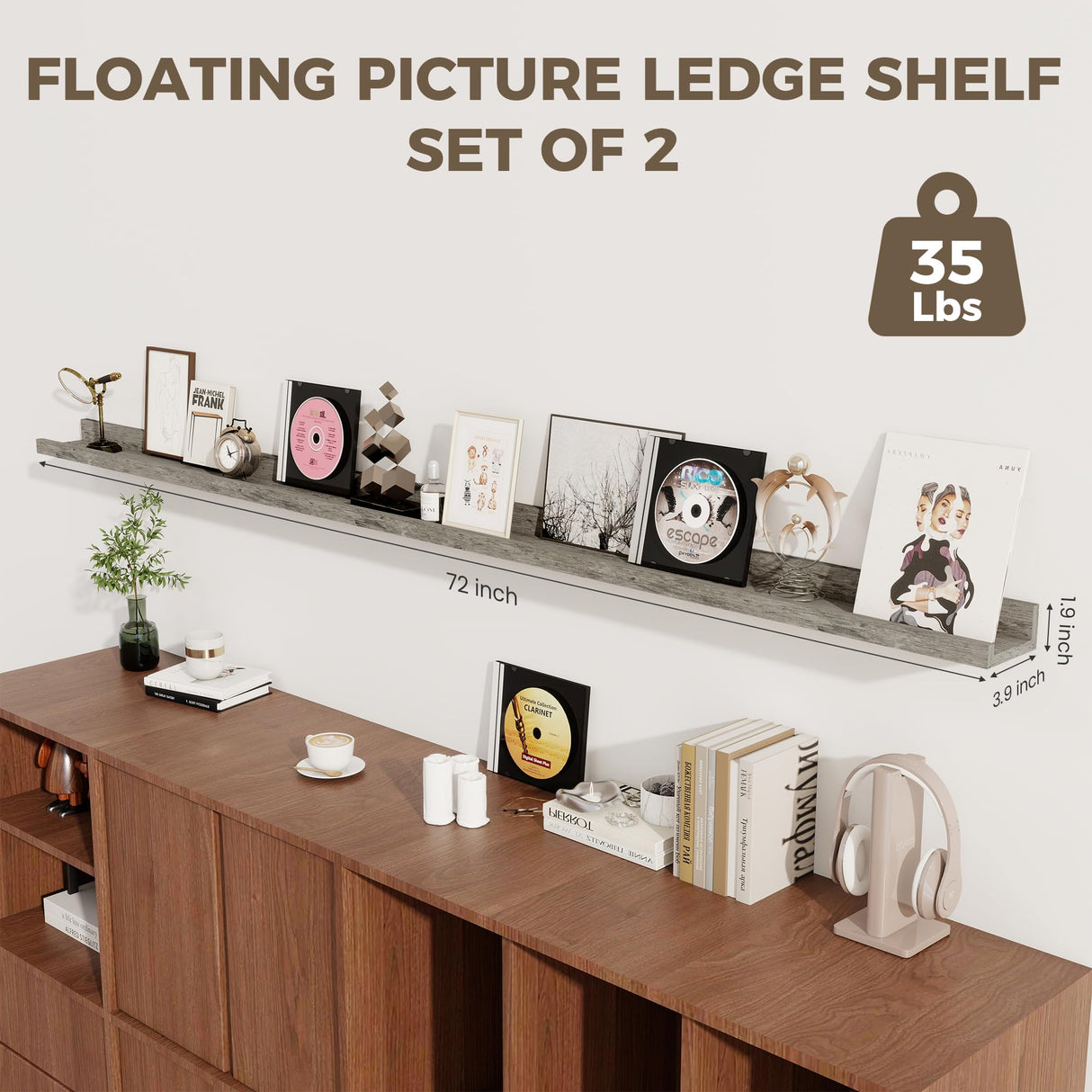 Axeman 72 Inch Floating Shelves for Wall | Picture Ledge Shelf Set of 2 | Rustic Grey Picture Shelf for Wall with Ledge | Long Floating Shelves with Lip | Photo Ledge Shelves for Books Album Records Axeman