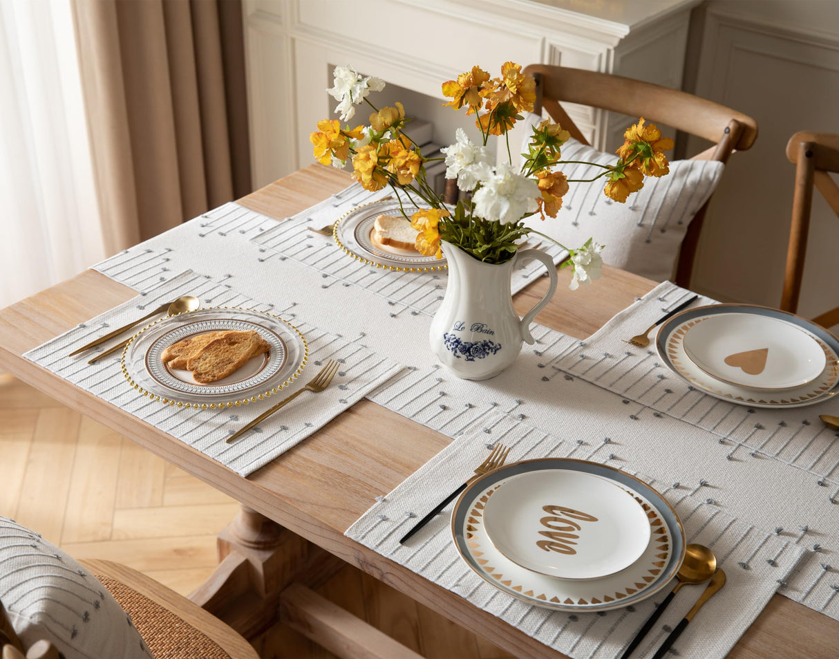Placemats Set of 4 for Dining Table Décor, Woven Cloth Place Mats for Farmhouse Kitchen Tabletop, Handcrafted Machine Washable Cotton Table mats 13 x 19 Inch, Grey and Beige Caflife
