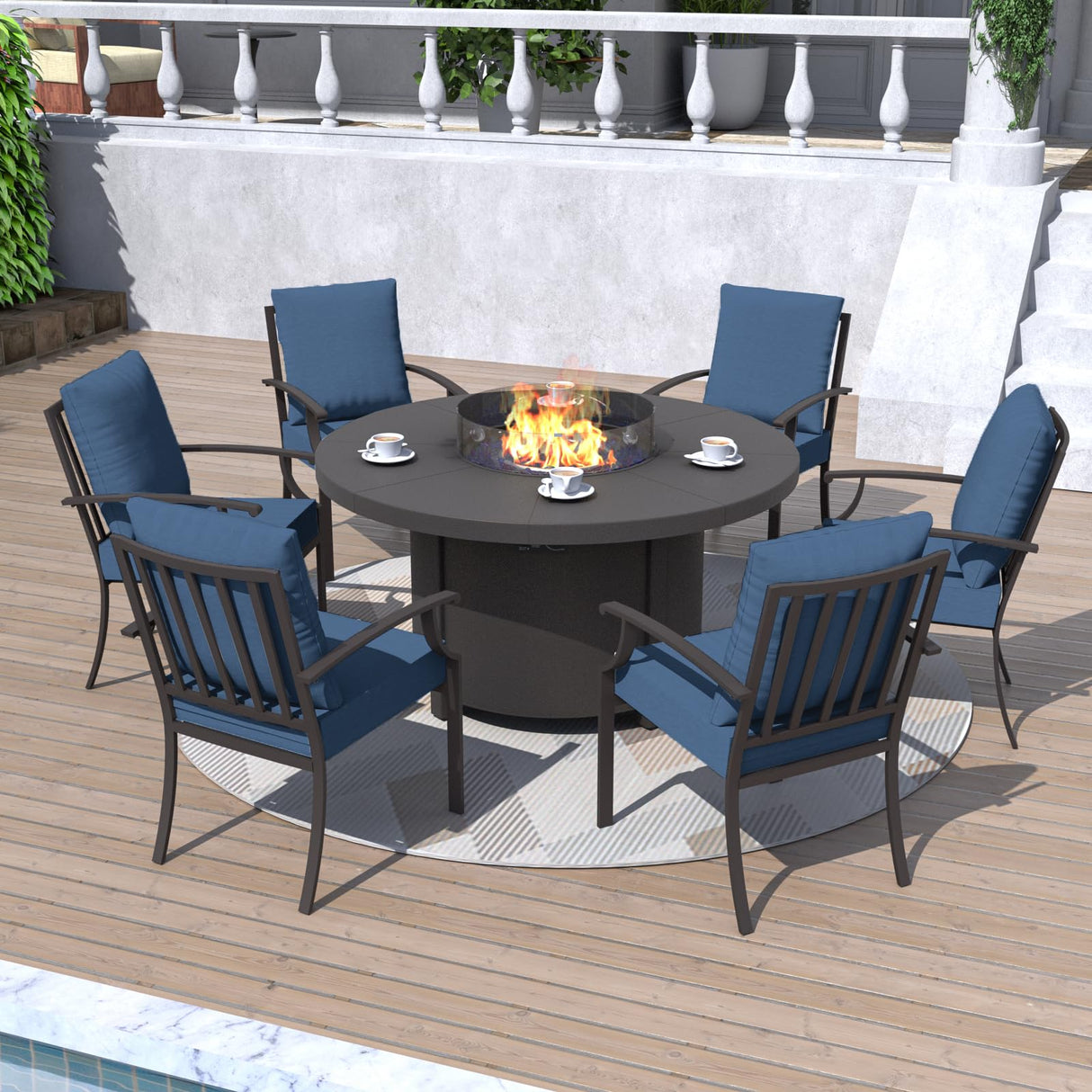 Kurapika 7 Piece Metal Outdoor Patio Furniture Set with 48" Round Fire Pit Table, Patio Conversation Sets 6 Fixed Chairs with Thick Cushion and 40000 BTU Propane Fire Pit Table, Navy Blue Kurapika