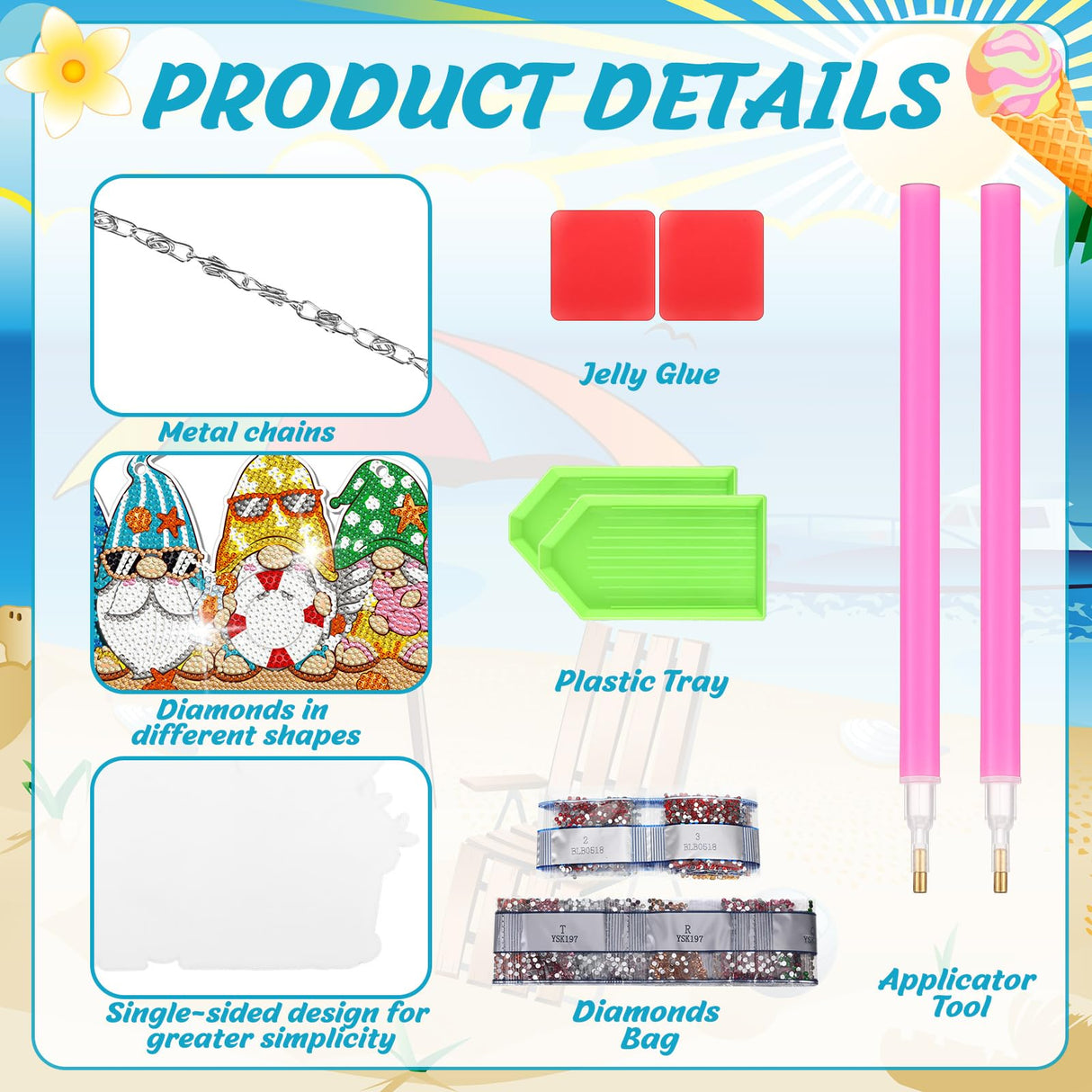 Chitidr 6 Pcs Summer Diamond Painting Hanging Sign Set Beach Gnome Diamond Art Paint Arts Set 5D DIY Ornaments Kits for Summer Wall Door Window Decor Chitidr