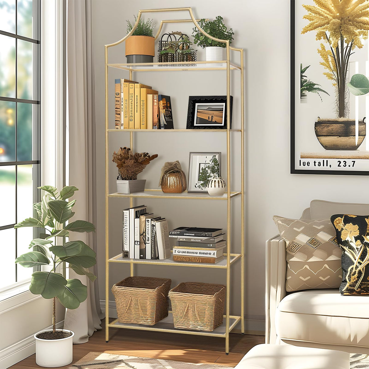 GIFTTROVE 5 Tier Bookshelf, Metal Book Shelf for Storage, Tall Storage Display Bookcase, Modern Open Book Case for Bedroom, Living Room, Glass Office Organization Shelf, 66.3" X 26" X 13" GIFTTROVE