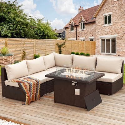 NICESOUL 6 Piece Patio Furniture Set with Firepit, 29.3'' High-Back Outdoor Sectional with Fireplace Natural Gas Propane Convertible, Comfy Deep Wide Seating Conversations for Outside, Brown