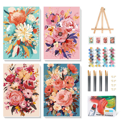 4 Pack Framed Paint by Numbers Kit for Adults with Wooden Easel, Flowers Paint by Numbers with Frame for Beginner, Flowers Adult Paints by Number Kits on Canvas Framed for Wall Decor 8 x 12 Inch