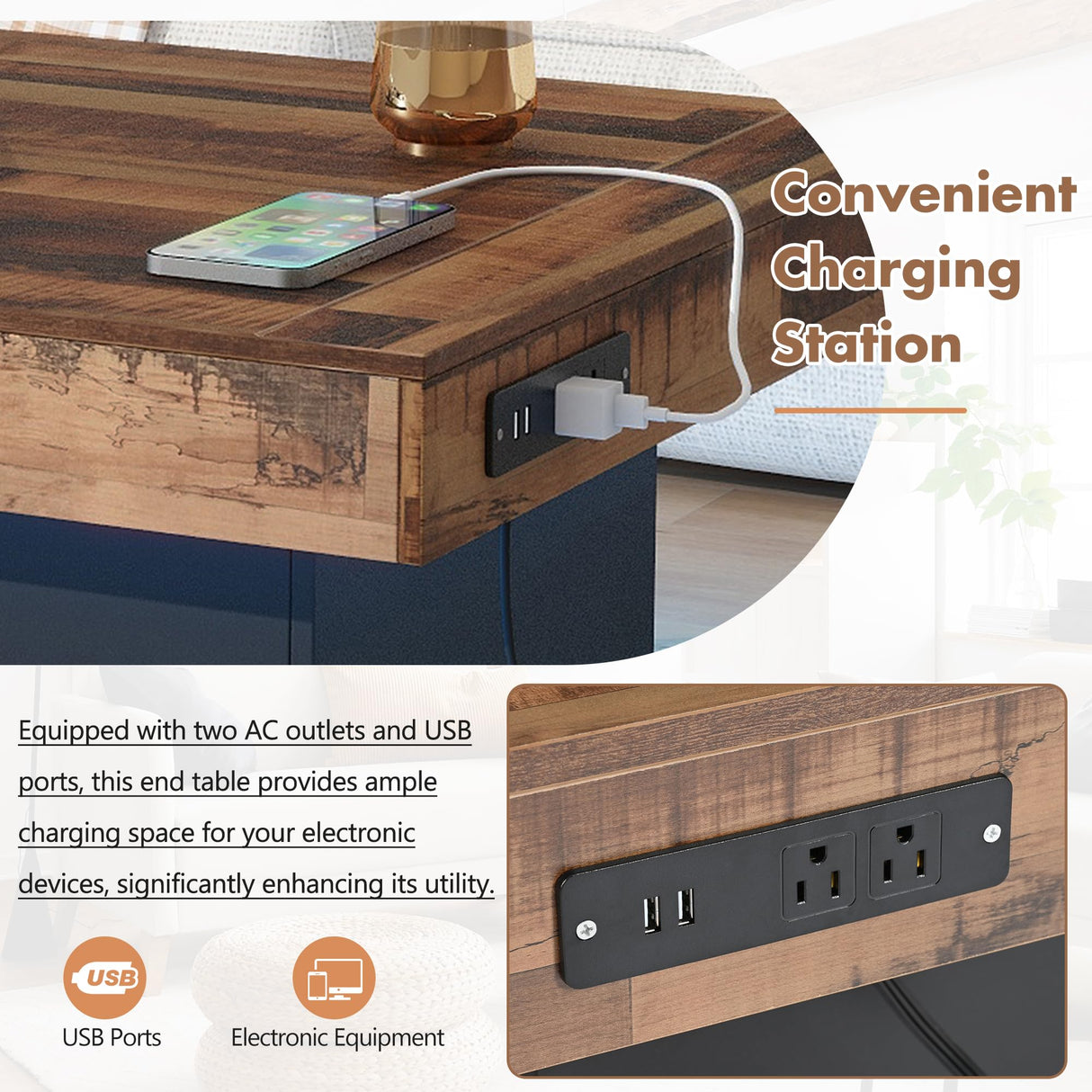 Polibi Coffee Table with LED Light, Brown Spliced Wood Grain Center Table with 2 USB Ports and Outlets, Coffee Tables with Charging Station for Living Room, Black Polibi