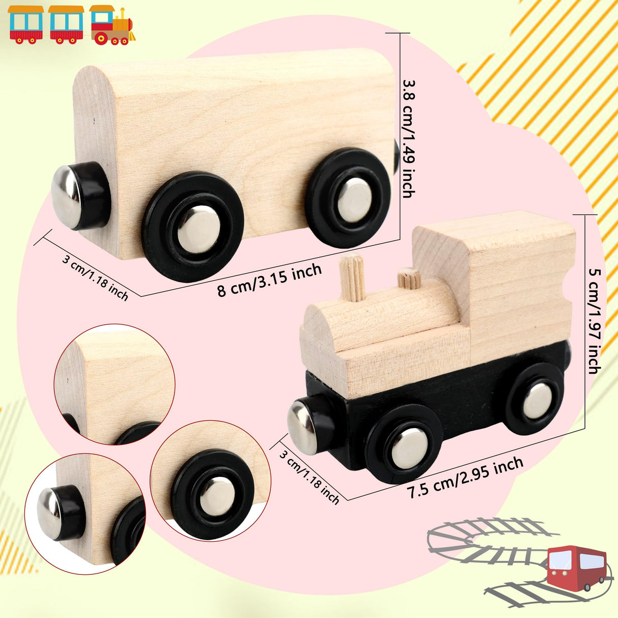 Hoarost 18 Pack Unfinished Wooden Cars Unpainted Magnetic Wood DIY Crafts Trains Car for DIY Craft Activities Birthday Gift (Color Set 1) Hoarost