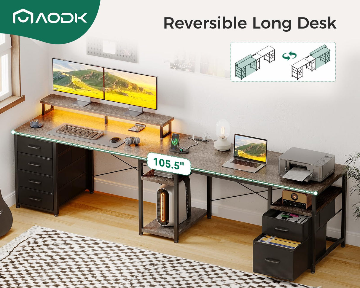 AODK 59" L Shaped Desk, 105" Computer Desk with File Cabinet & 4 Fabric Drawers, Home Office Desk with Monitor Shelf & Power Outlet, Two Person Desk or Corner Desk, Gaming Desk with LED Light, Grey AODK