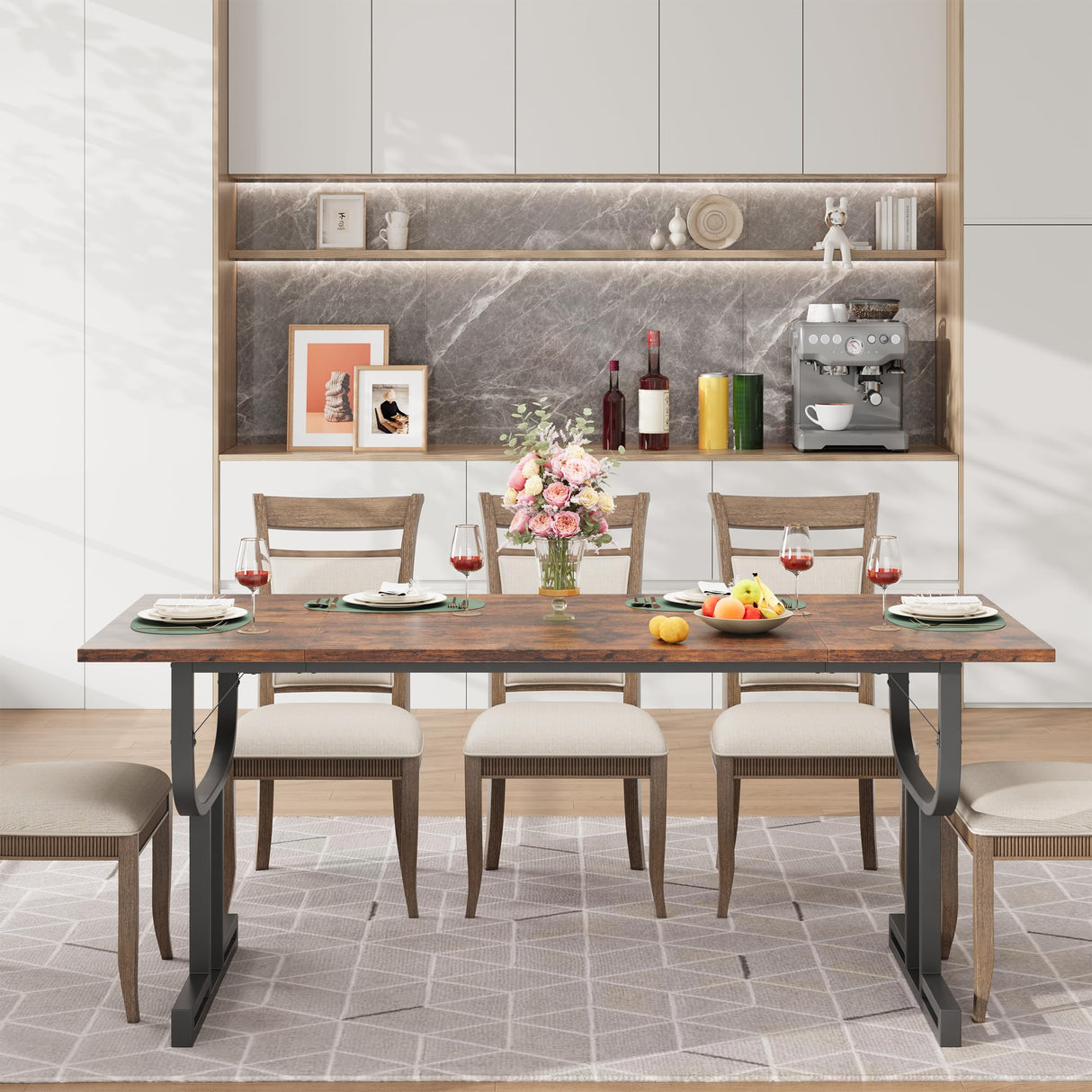 GarveeHome Farmhouse Dining Table for 6 People, 70.8-Inch Rectangular Rustic Kitchen Wood, Dining Table Table with Heavy Duty Metal Legs for Dining Room GarveeHome