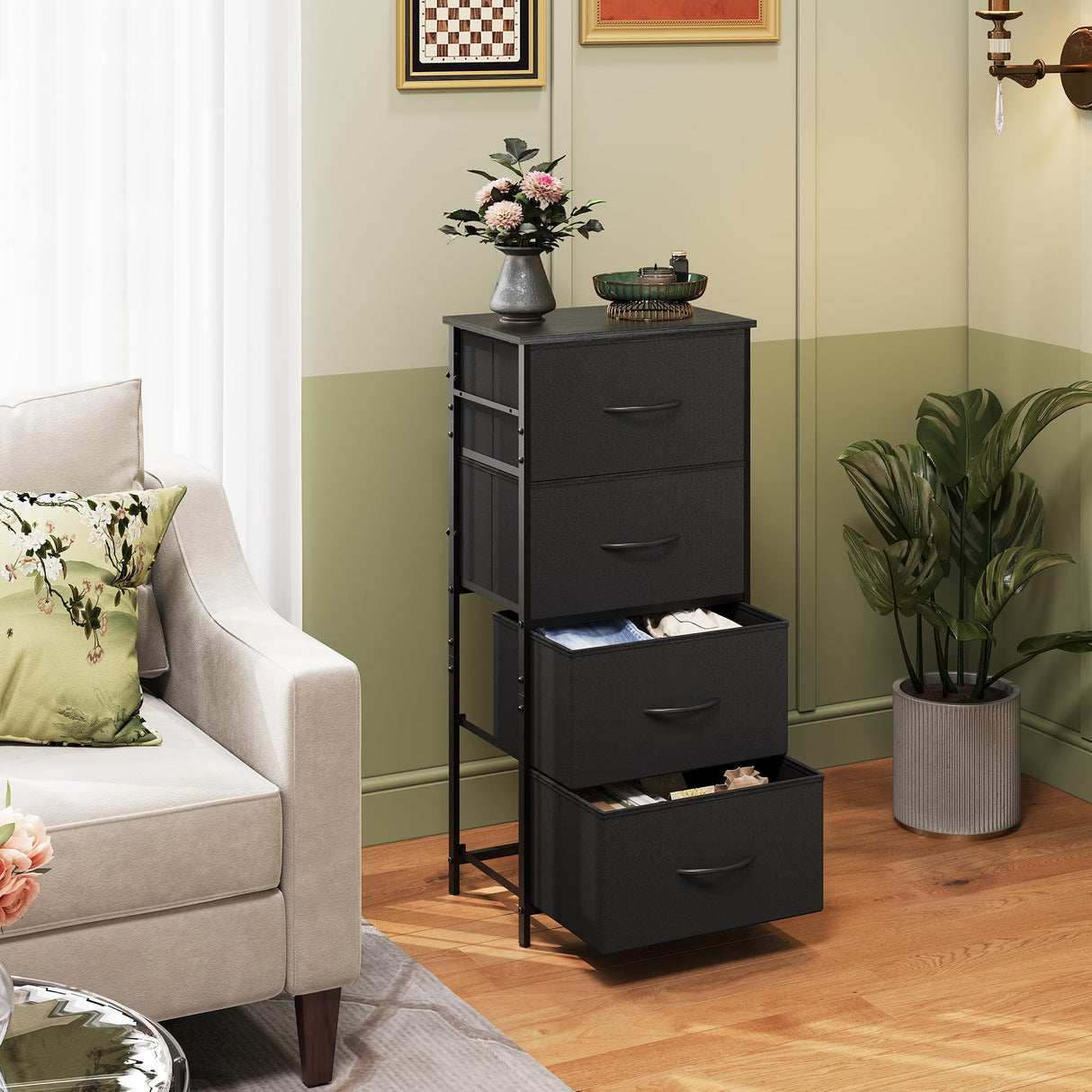 WLIVE Dresser with 4 Drawers, Fabric Storage Tower, Organizer Unit for Bedroom, Hallway, Entryway, Closets, Sturdy Steel Frame, Wood Top, Easy Pull Handle, Charcoal Black WLIVE