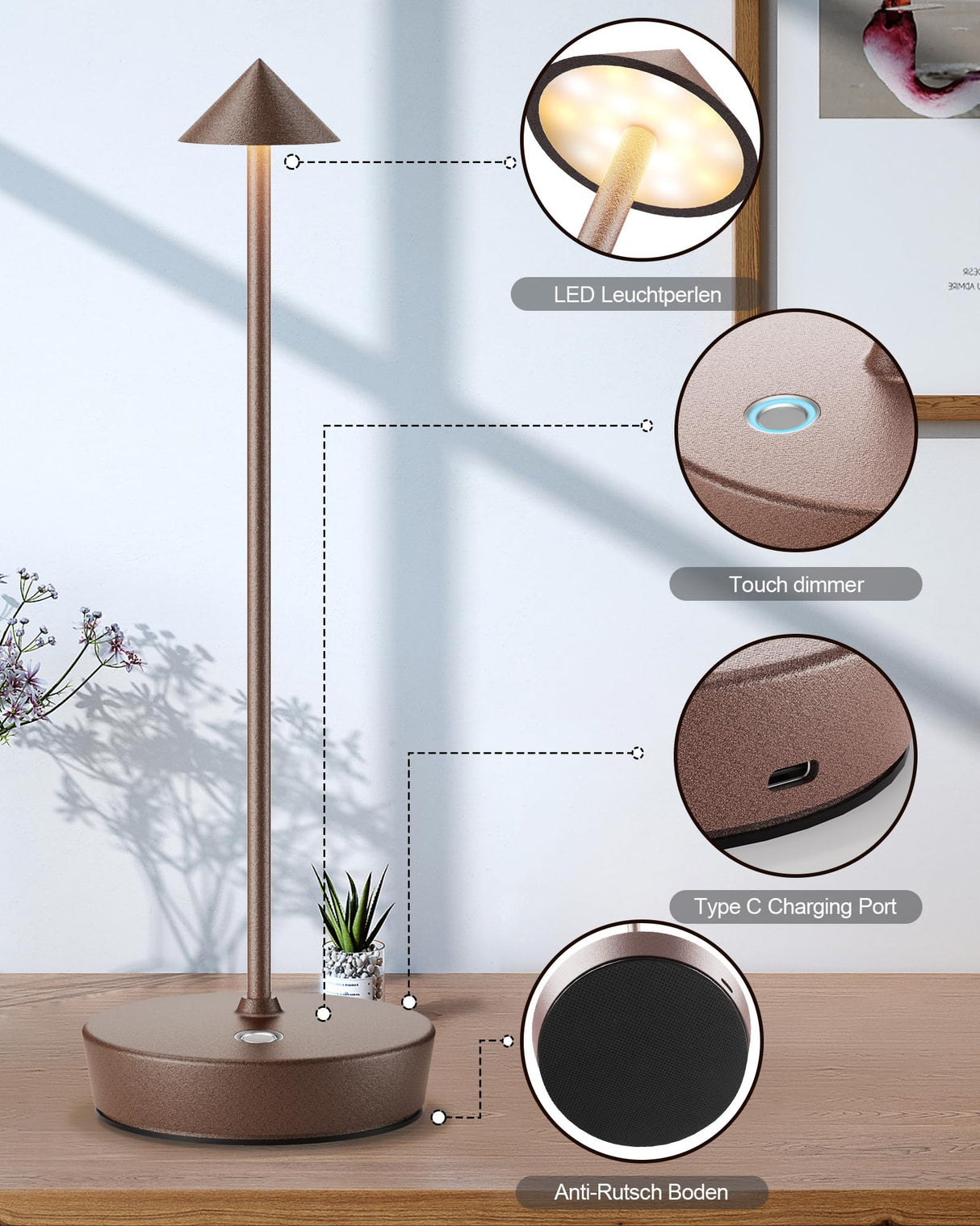 SHANGCAI Cordless Table Lamps Rechargeable, 6000mAh Battery Operated LED Desk Lamp Outdoor Waterproof Portable Touch Dimmable Table Night Light for Patio Restaurant Dining Home Rust SHANGCAI