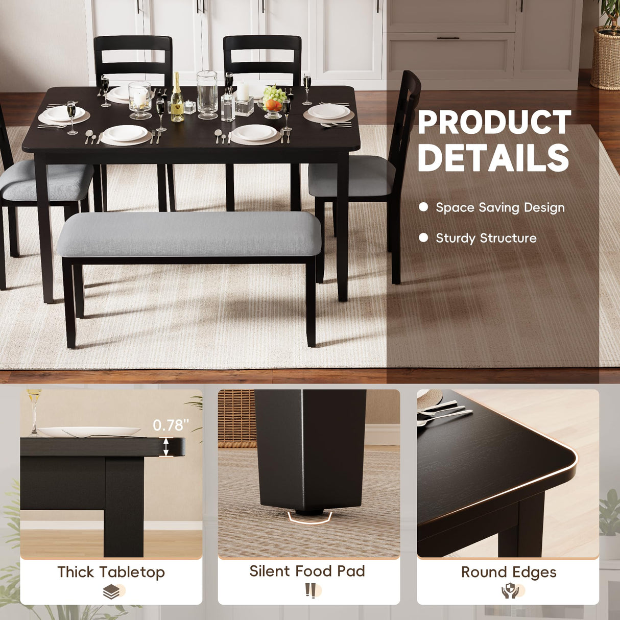 JUMMICO Solid Wood 6 Piece Dining Table Set, Modern 58"/W Kitchen Table Set for 6 with 4 Upholstered Chairs & 1 Bench, Kitchen & Dining Room Sets for Kitchen, Restaurant (Black & Grey) JUMMICO