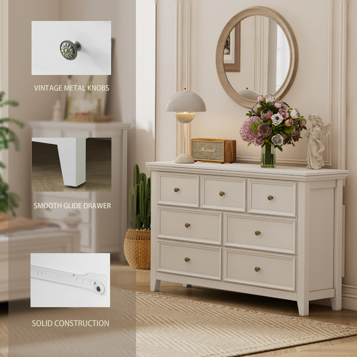 BOSHIRO White Dresser for Bedroom, White 7 Drawers Dresser, Modern 7 Chest of Drawers, Closet Dresser, Farmhouse Dresser with 7 Storage Drawers Cabinet for Home Office, Study Room BOSHIRO
