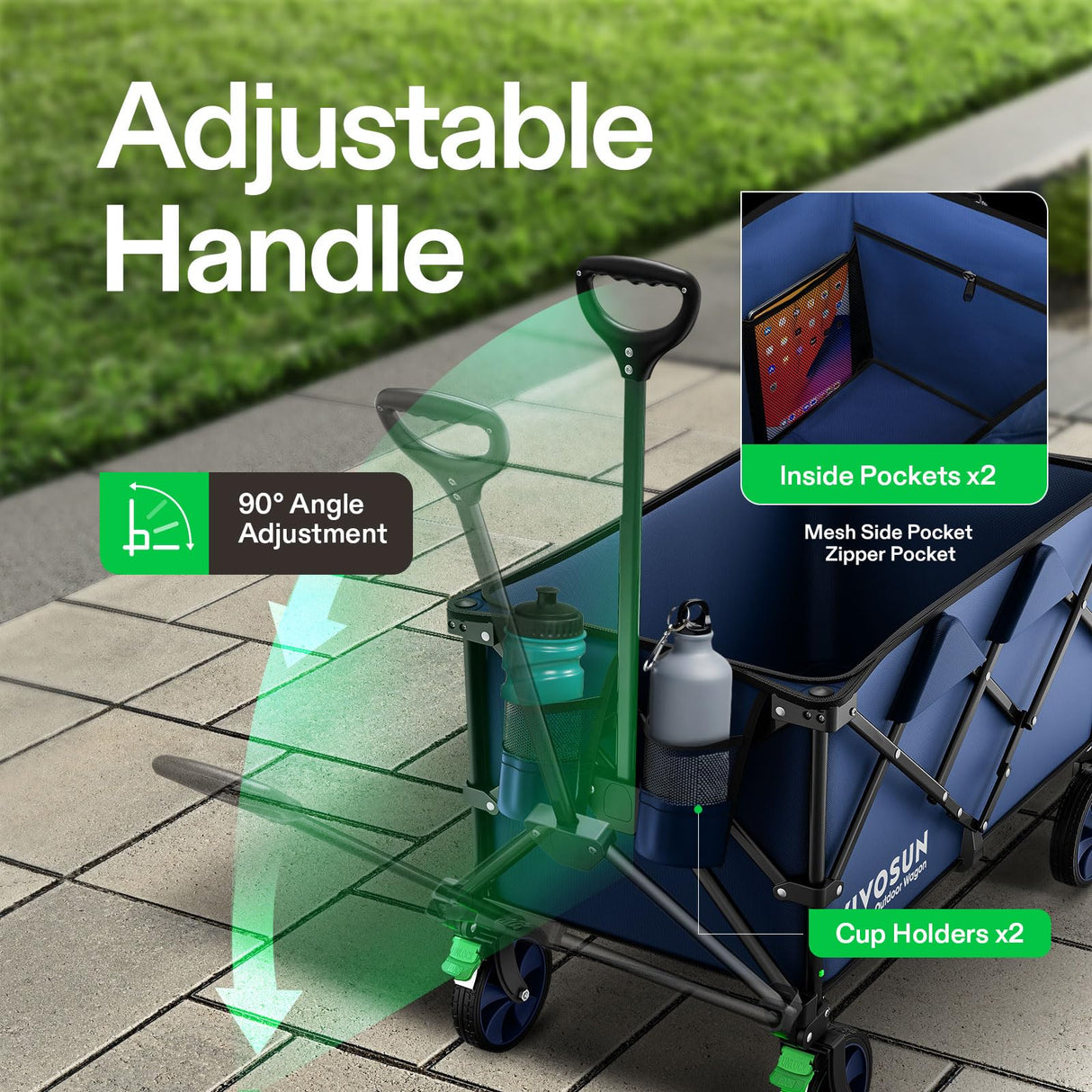 VIVOSUN Collapsible Folding Wagon, 350 lb Load-Bearing Outdoor Utility Cart with Silent Universal Wheels, Cup Holders &Side Pockets, Adjustable Handle, for Camping, Garden, Sports, Picnic, Shopping VIVOSUN