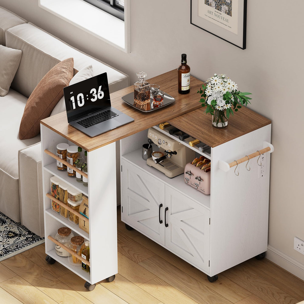 IRONCK Kitchen Island with Storage and Power Outlet, Rolling Kitchen Island on Wheels with Extendable Dining Table, Kitchen Cart with Wine Rack and 3 Open Shelves, White IRONCK