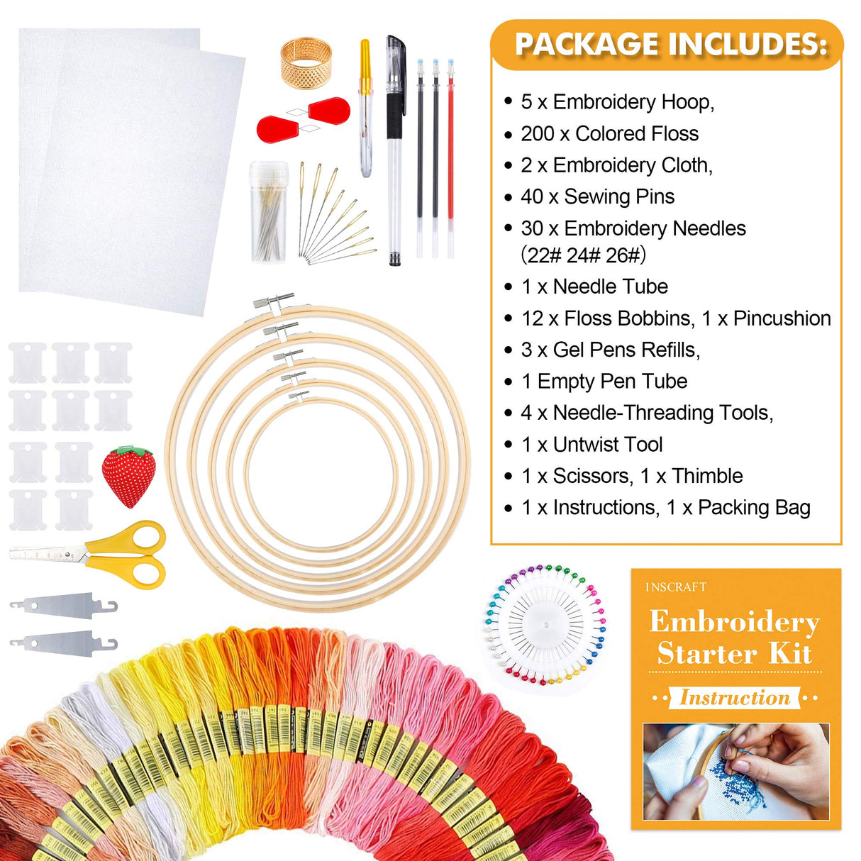INSCRAFT 304 Pack Embroidery Kit, 200 Colors Threads, 5 Pcs Bamboo Embroidery Hoops, 2 Pcs Aida Cloth, Instructions, Bag and Cross Stitch Tools Set, Hand Embroidery Starter Kit for Beginners Adults INSCRAFT