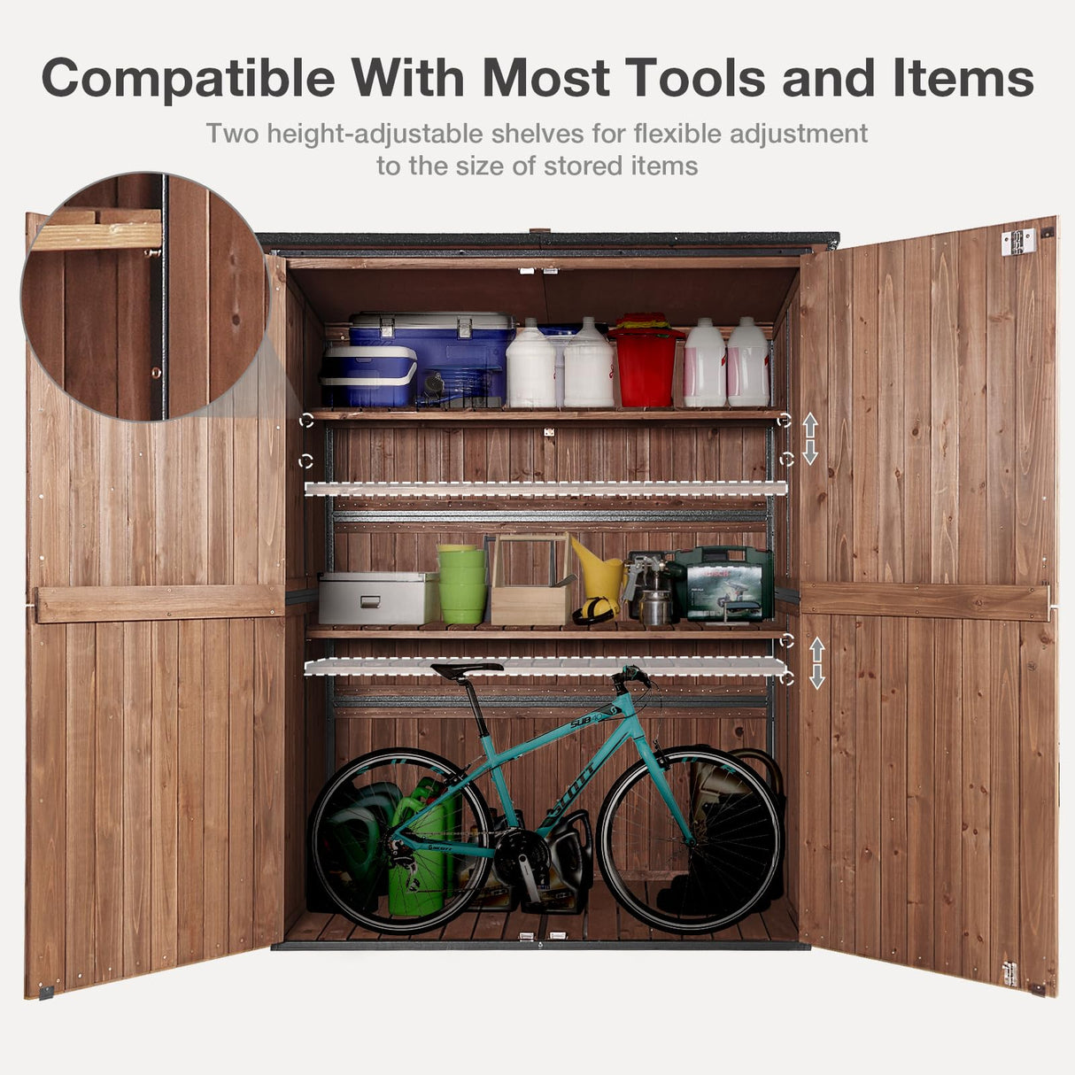 MEDEHOO Outdoor Storage Shed with Floor - Waterproof Natural Fir Cabinet with Adjustable Shelves and Double Lock for Anti-Theft - Suitable for Storing Garden Tools, and Household Debris (Deep Brown) MEDEHOO