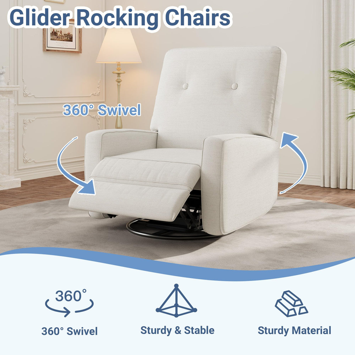 Garvee Nursery Recliner Chair, 360° Swivel Rocking Glider Chair for Adults with Adjustable Backrest & Footrest, Cozy Linen Upholstered Armchair for Living Rooms, Bedrooms, Apartments, Beige Garvee