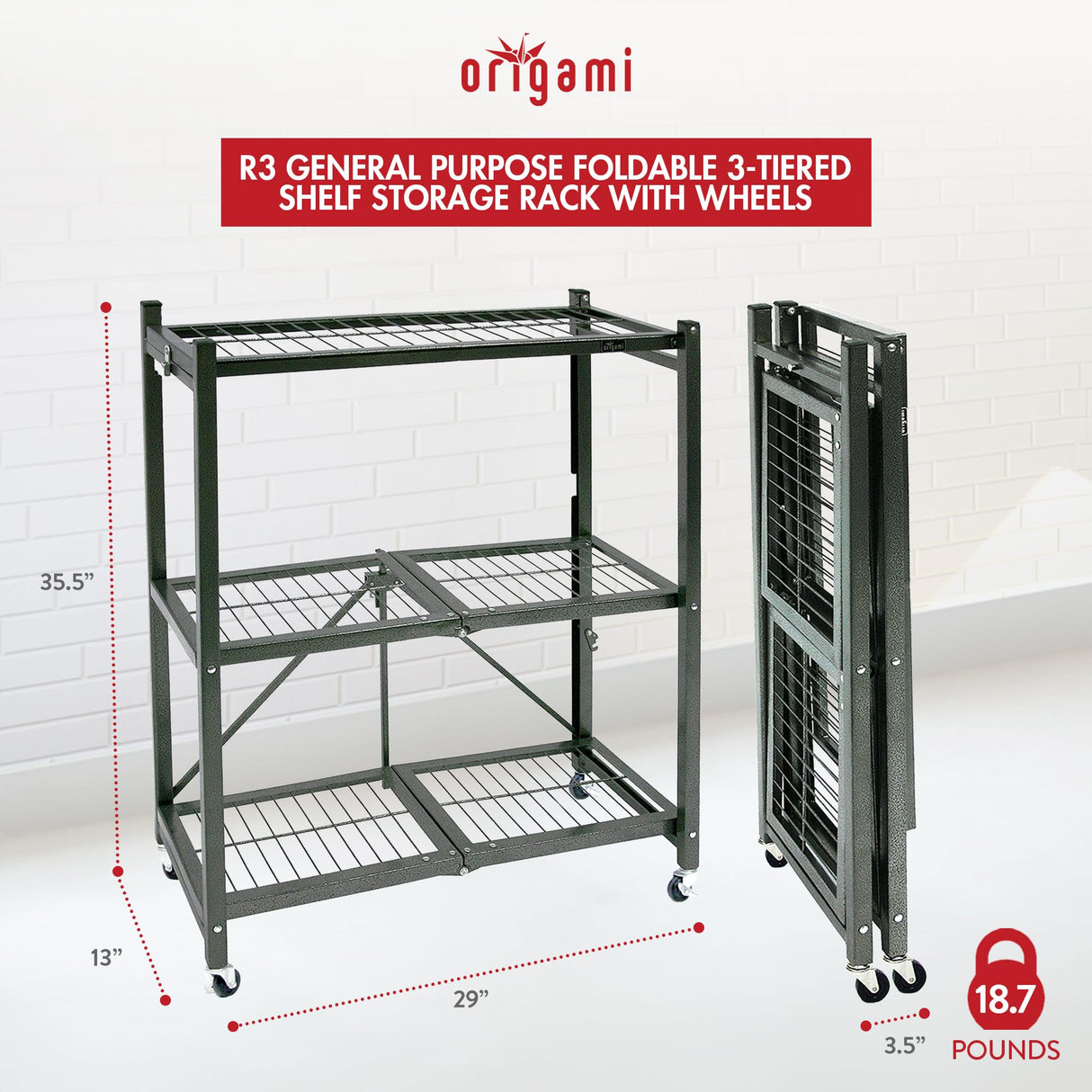 Origami 3 Tier Folding Shelves, Storage Shelving Rack Unit With Wheels, Pewter Origami
