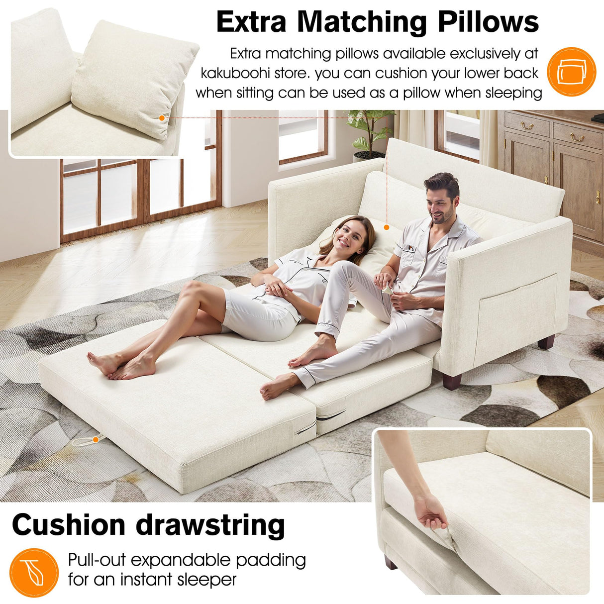 kakuboohi 51" Loveseat Sleeper Sofa Bed, Chenille Convertible Floor Sofa Bed for Small Spaces, Folding Couch Bed with Deep Seat, 2 Pillows & Solid Frame, Pull Out Floor Couch for Living Room, Beige kakuboohi