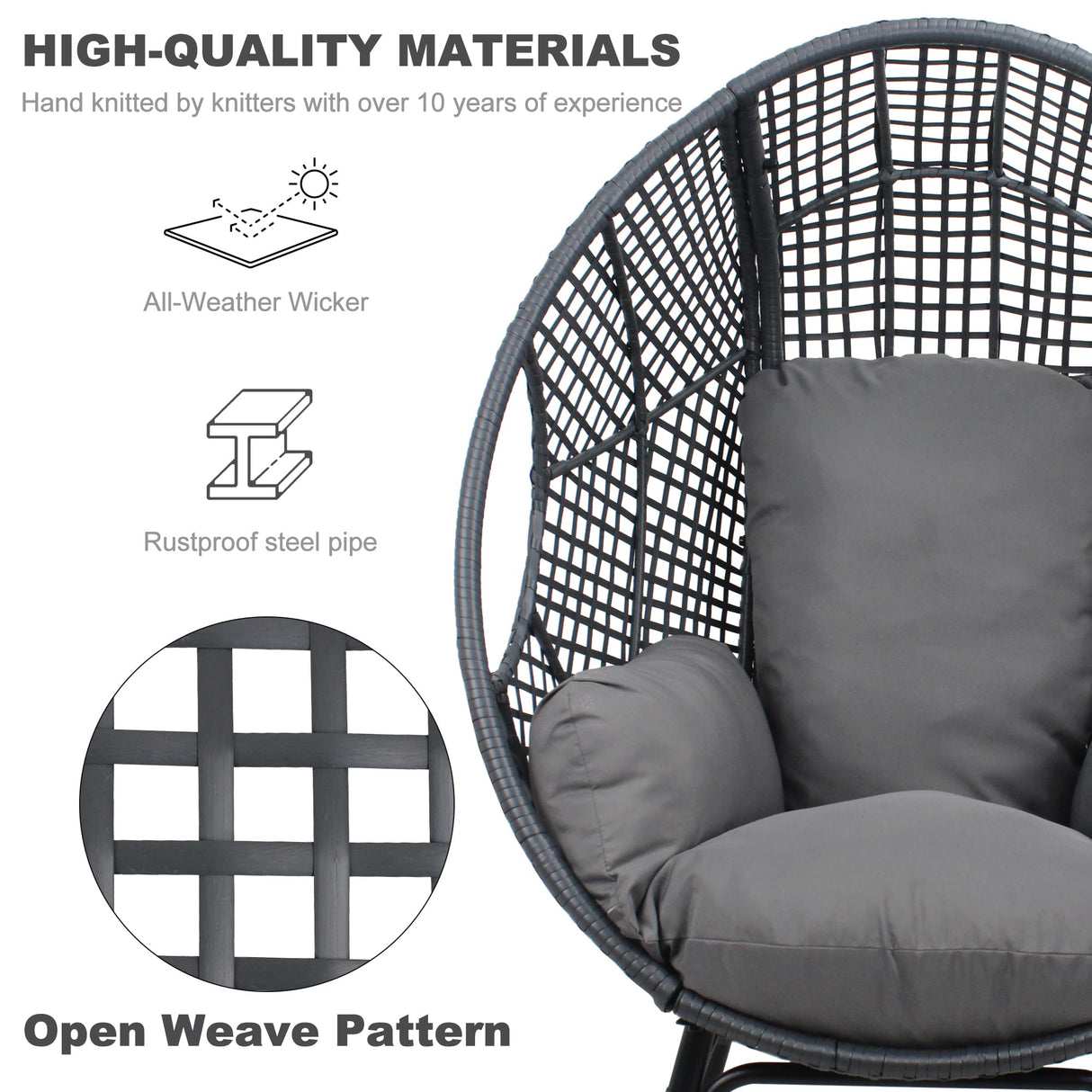 TQKVIPI Oversized Egg Chair-Wicker Outdoor Indoor Rattan Patio Egg Lounge Chairs with Cushion 500lbs Capacity for Living Room, Balcony, Backyard(Grey) TQKVIPI