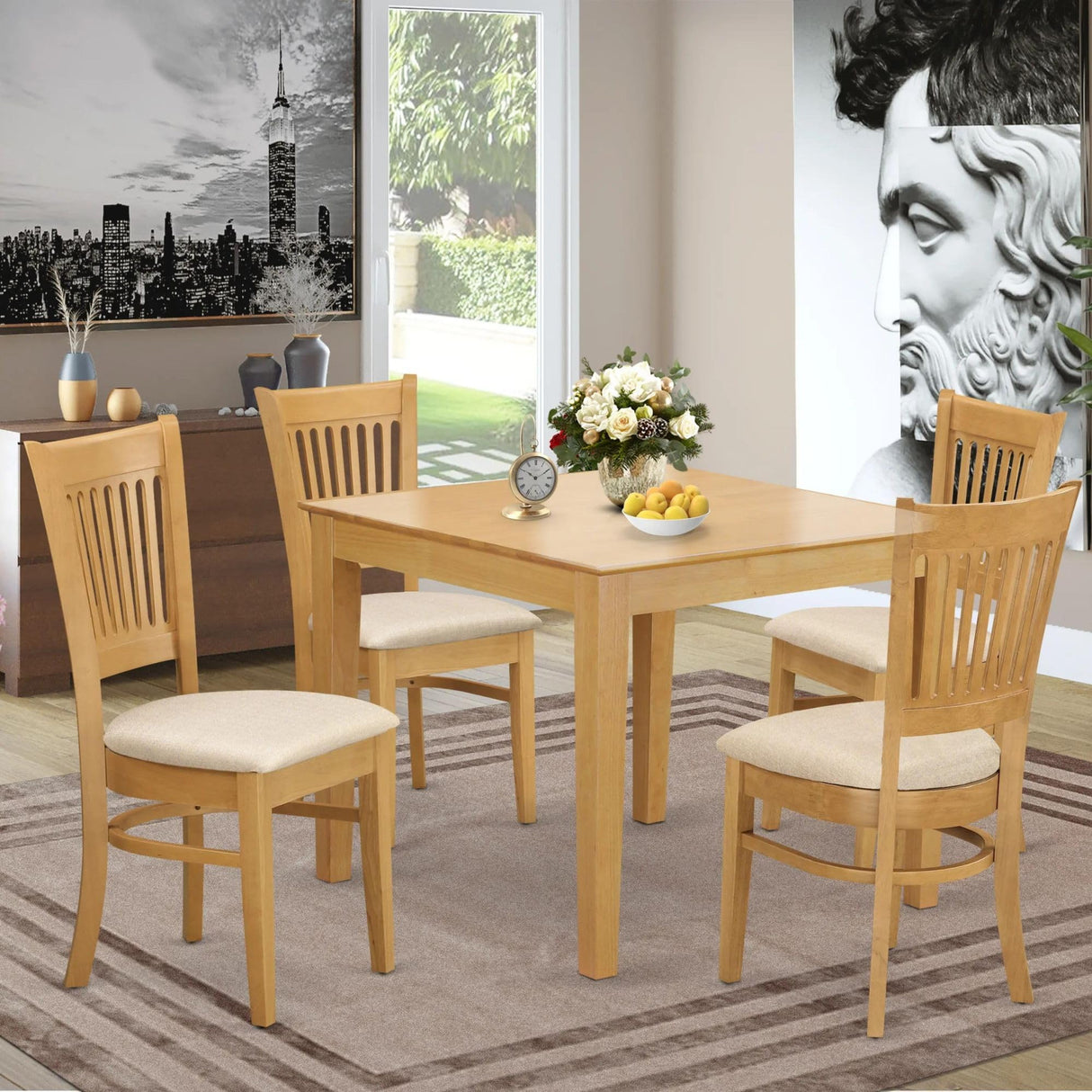 East West Furniture OXVA5-OAK-C 5 Piece Dining Set Includes a Square Solid Wood Table and 4 Linen Fabric Kitchen Room Chairs, 36x36 Inch East West Furniture