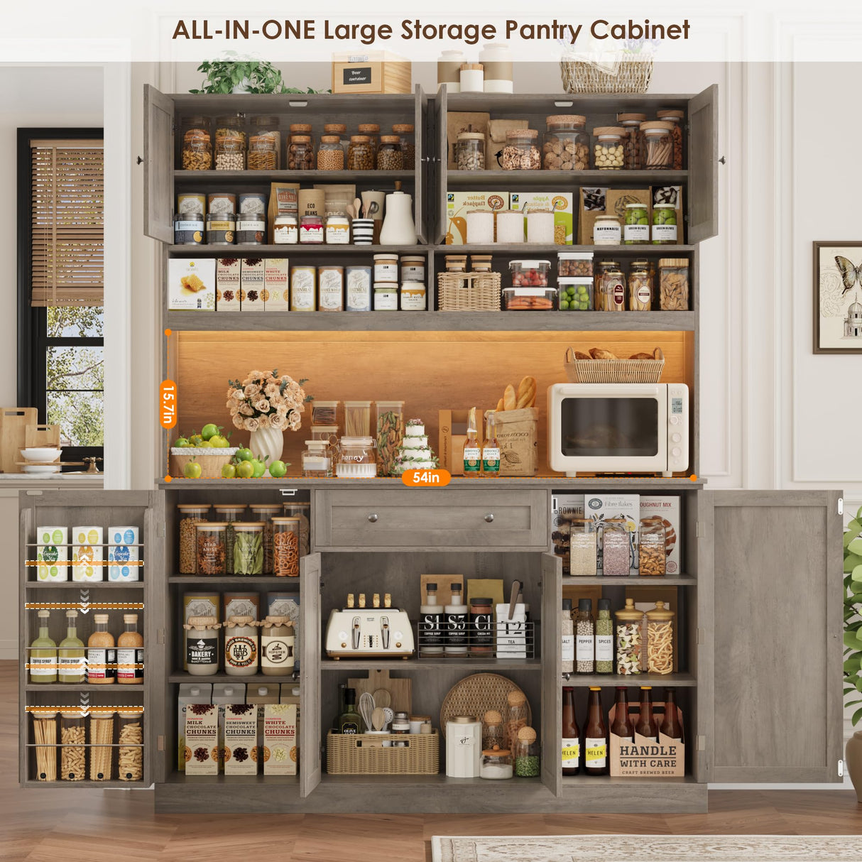 HIFIT 72.8” Tall Kitchen Pantry Cabinet with LED & Charging Station, 55” Wide Farmhouse Pantry Storage Cabinet with Microwave Stand&Shelves&Barn Doors, Kitchen Hutch Coffee Bar for Living Room, Grey HIFIT