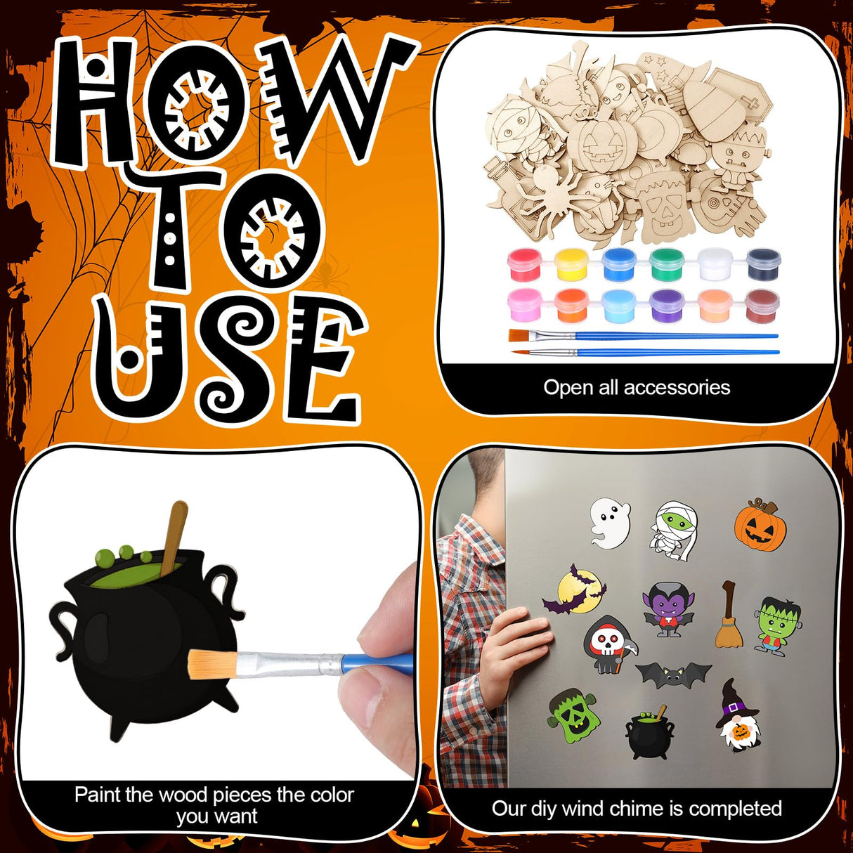 Mootycapa 24 Pcs Halloween DIY Wooden Magnets to Paint, Cute Glow in The Dark Wood Painting Crafts, Fridge Magnets Craft Kits for Boys Girls Gifts School Home Party(Pumpkin Skull) Mootycapa