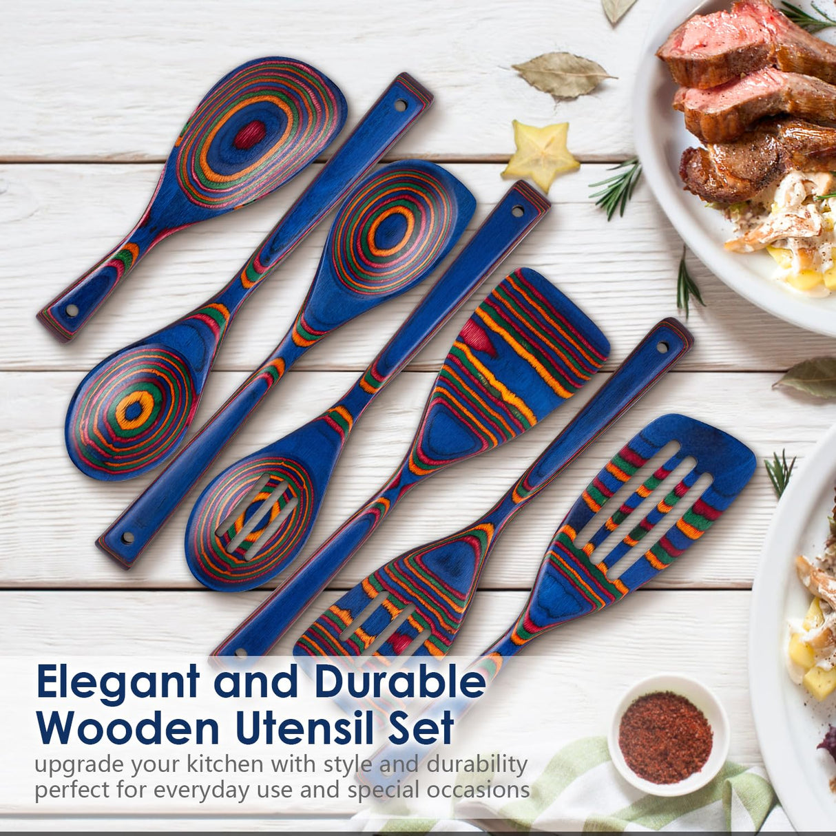 Wooden Spoons for Cooking, 7 Pcs Pakkawood Wooden Kitchen Cooking Spoon Utensil Tools Set Includes Spatula Corner Spoon Rice Paddle Friendly to Non-Stick Cookware by HOWHONG (Blue) HOWHONG