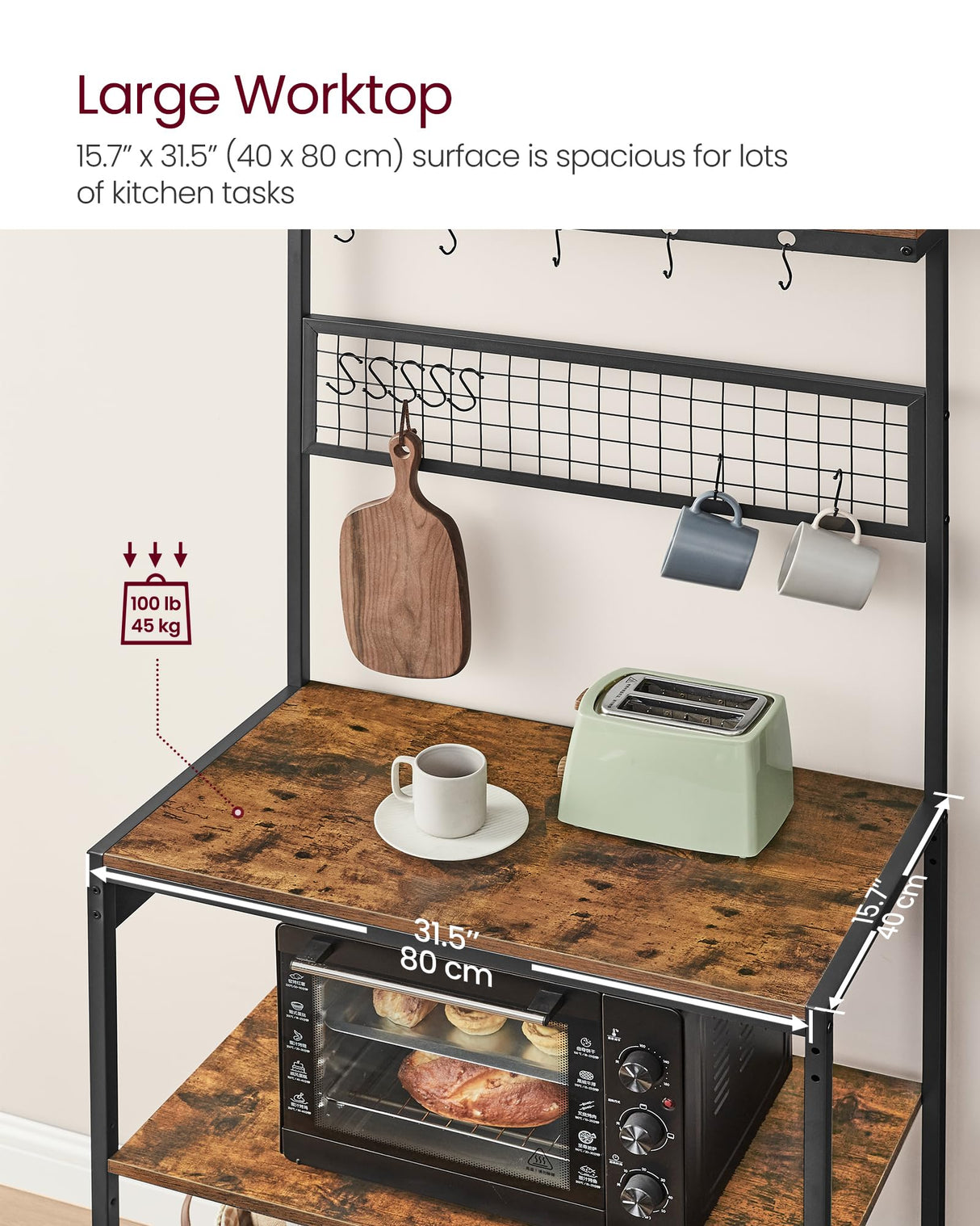 VASAGLE Bakers Rack with Charging Station, 31.5 Inches Coffee Bar Stand with Adjustable Storage Shelf, Grid Panel, 12 Hooks, Table for Microwave, Kitchen, Rustic Brown and Ink Black UKKS016K01 VASAGLE