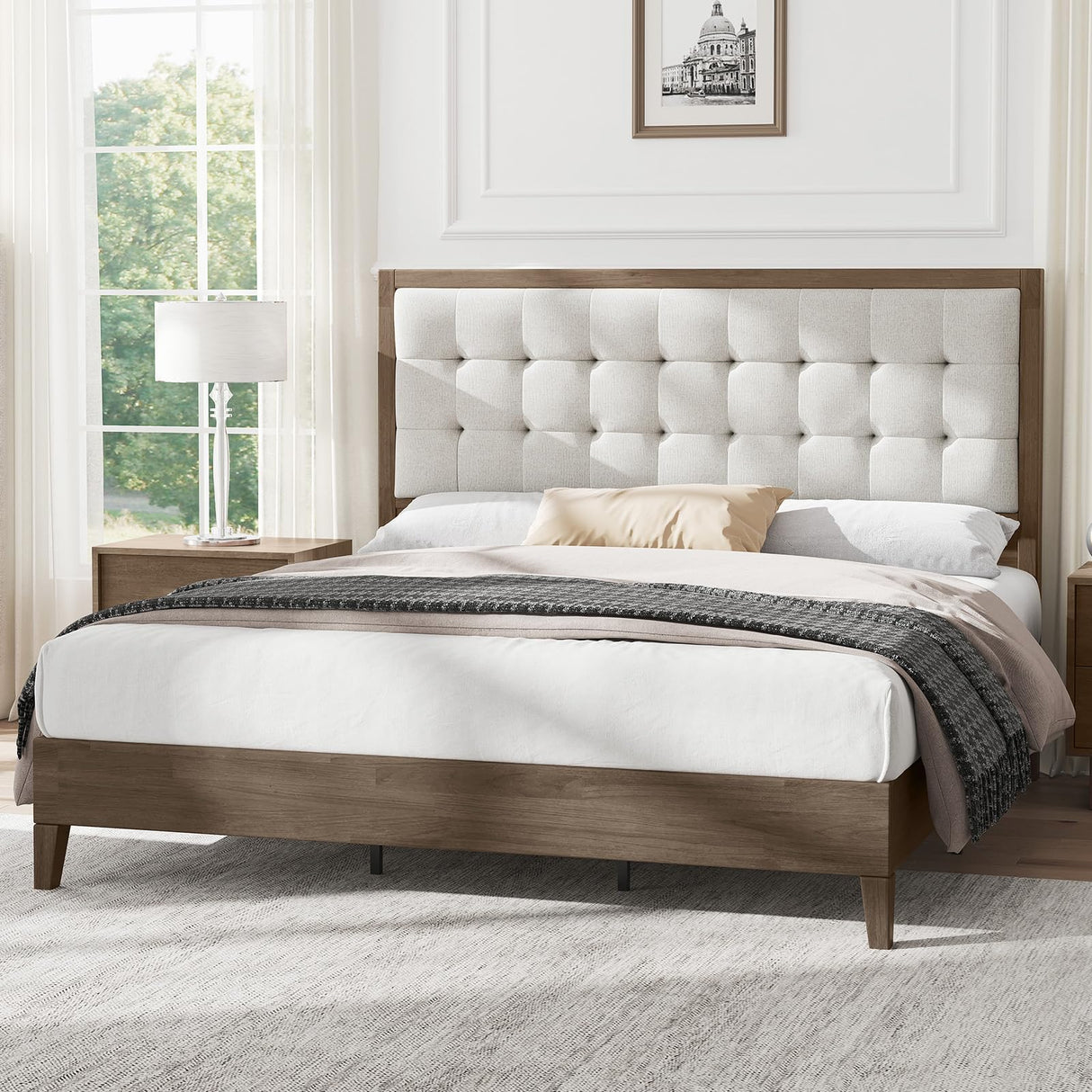 AMERLIFE King Size Solid Wood Bed Frame with Tall Tufted Headboard, Mid-Century Style, No Box Spring Required, Easy Assembly, Ash Gray AMERLIFE