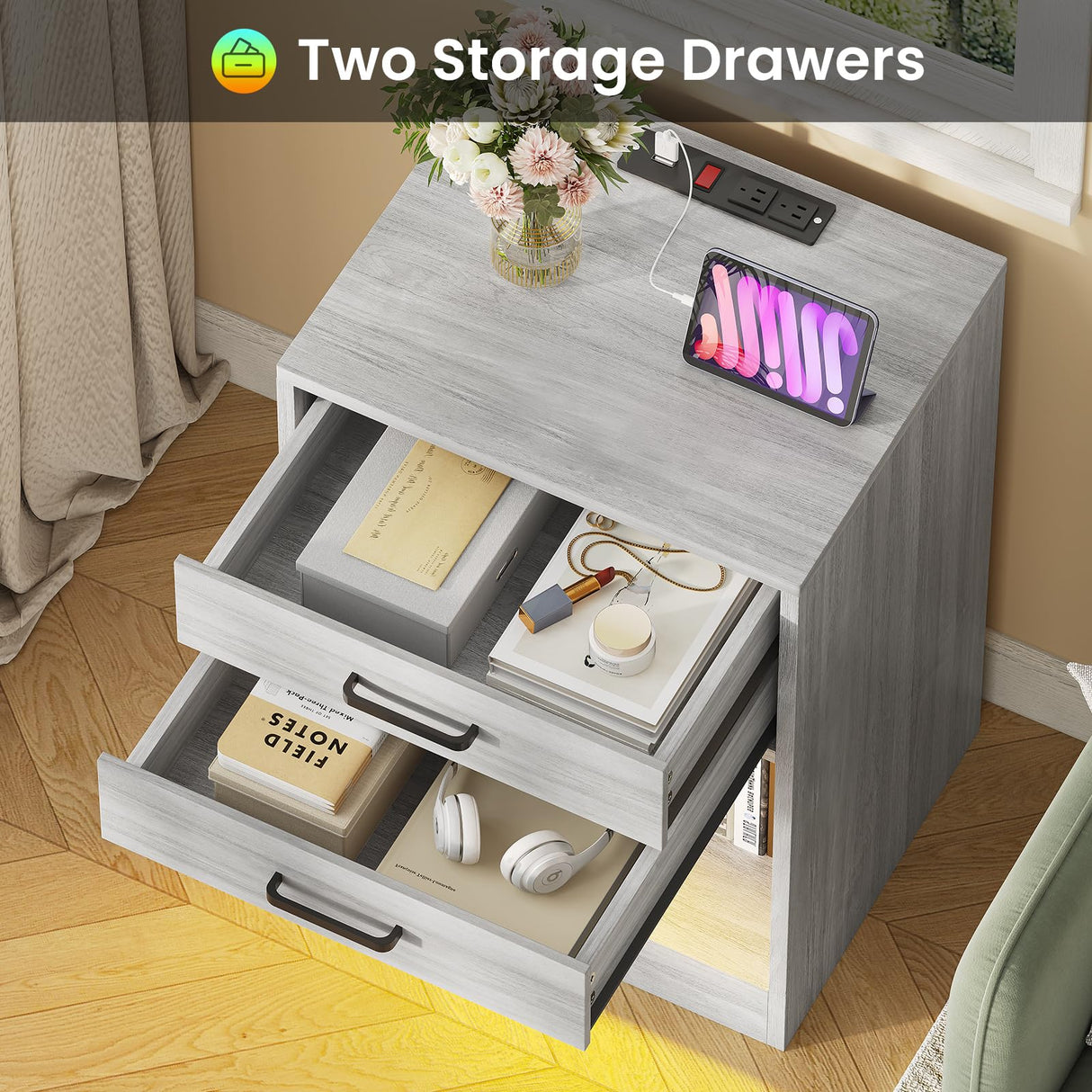 ADORNEVE LED Nightstands Set of 2,Night Stands for Bedrooms Set of 2,Nightstand with Charging Station and LED Lights,Bedside Table with Drawers & USB Ports (Grey) ADORNEVE