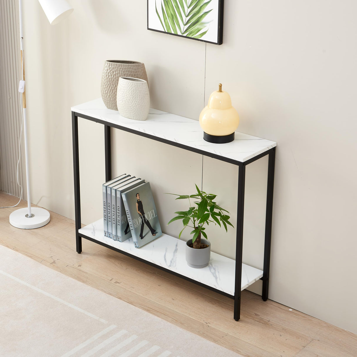 loglus Console Table for Entryway, Faux Marble MDF Sofa Table with Golden Frame (Double Layer, Black Frame) loglus