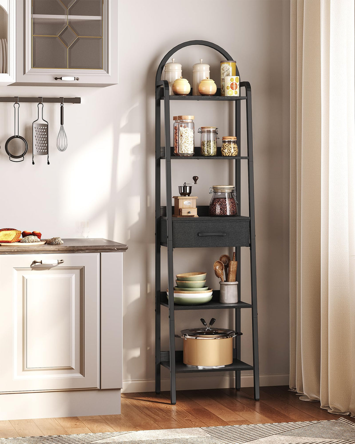 CHOEZON 5 Tier Ladder Shelf with Drawer, Tall Ladder Bookshelf, Standing Bookcase with Metal Frame for Living Room, Bathroom, Home Office, Study, Balcony, Black TCJ07BB