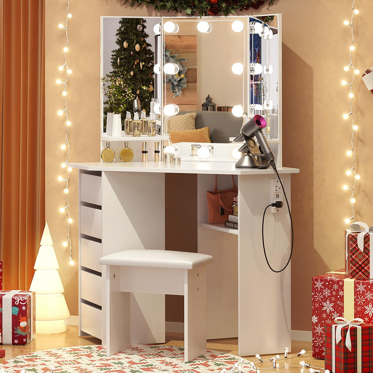 VOWNER Vanity with Lights - Makeup Vanity Desk with Power Outlet, 3 Color Lighting Options Brightness Adjustable, Vanity Table with 5 Sliding Drawers, Shelves and Stool for Bedroom, White VOWNER