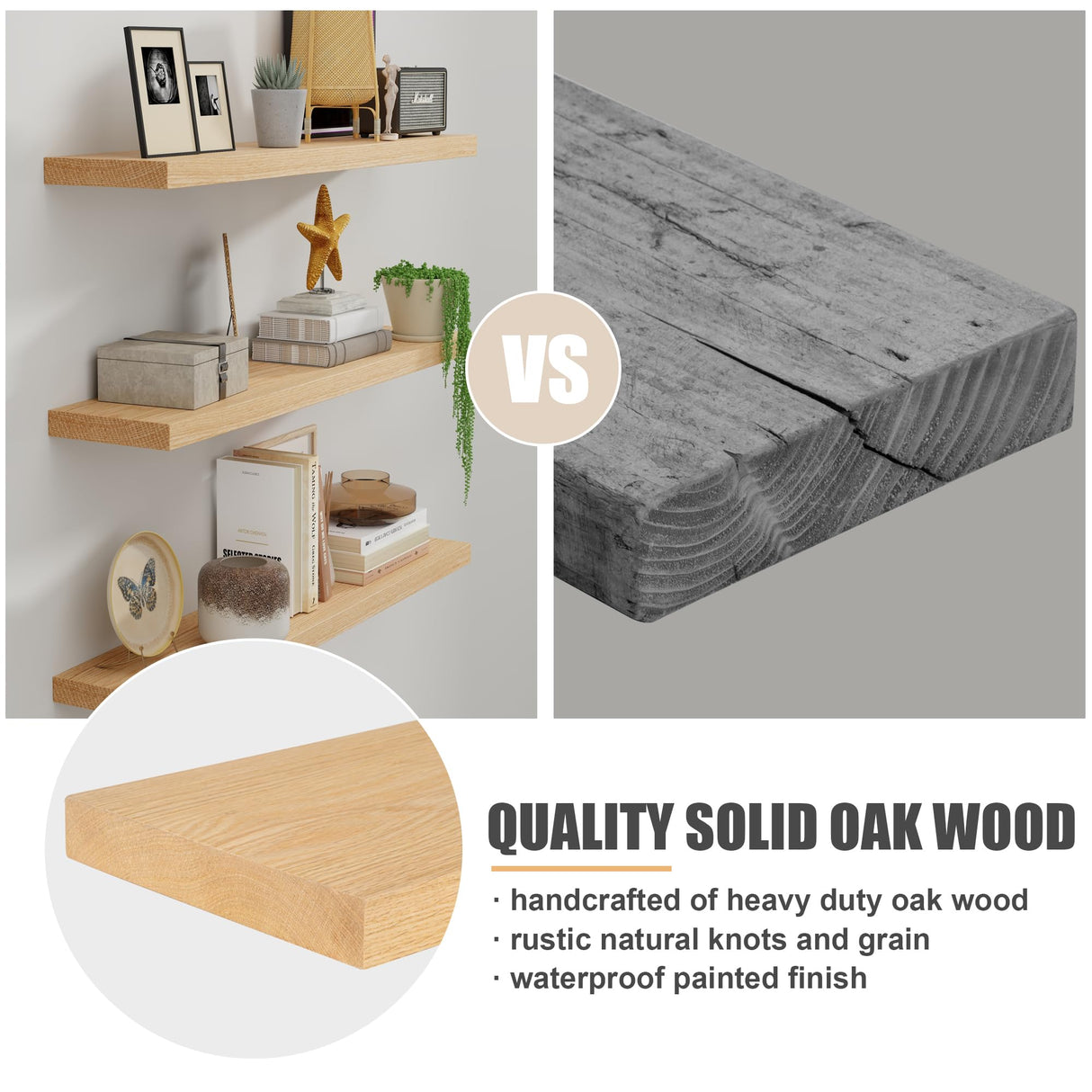 Solid Oak Floating Shelves - Set of 2, 24" Wide x 8" Deep Wall Mounted Rustic Wooden Display Shelf for Bathroom Bedroom Kitchen Garage with Heavy-duty Bracket - Natural Oak Finish FLYJOE