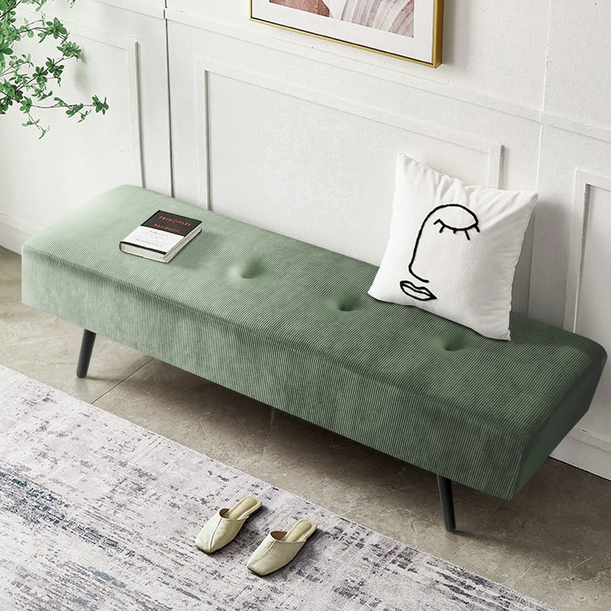Comfy to go Entryway Bench - Green Bench for Bedroom, Modern Ottoman End of Bed, Corduroy Padded Benches for Living Room, Foyer, Mudroom, Hallway - 39" L x 14" W x 17" H Comfy to go