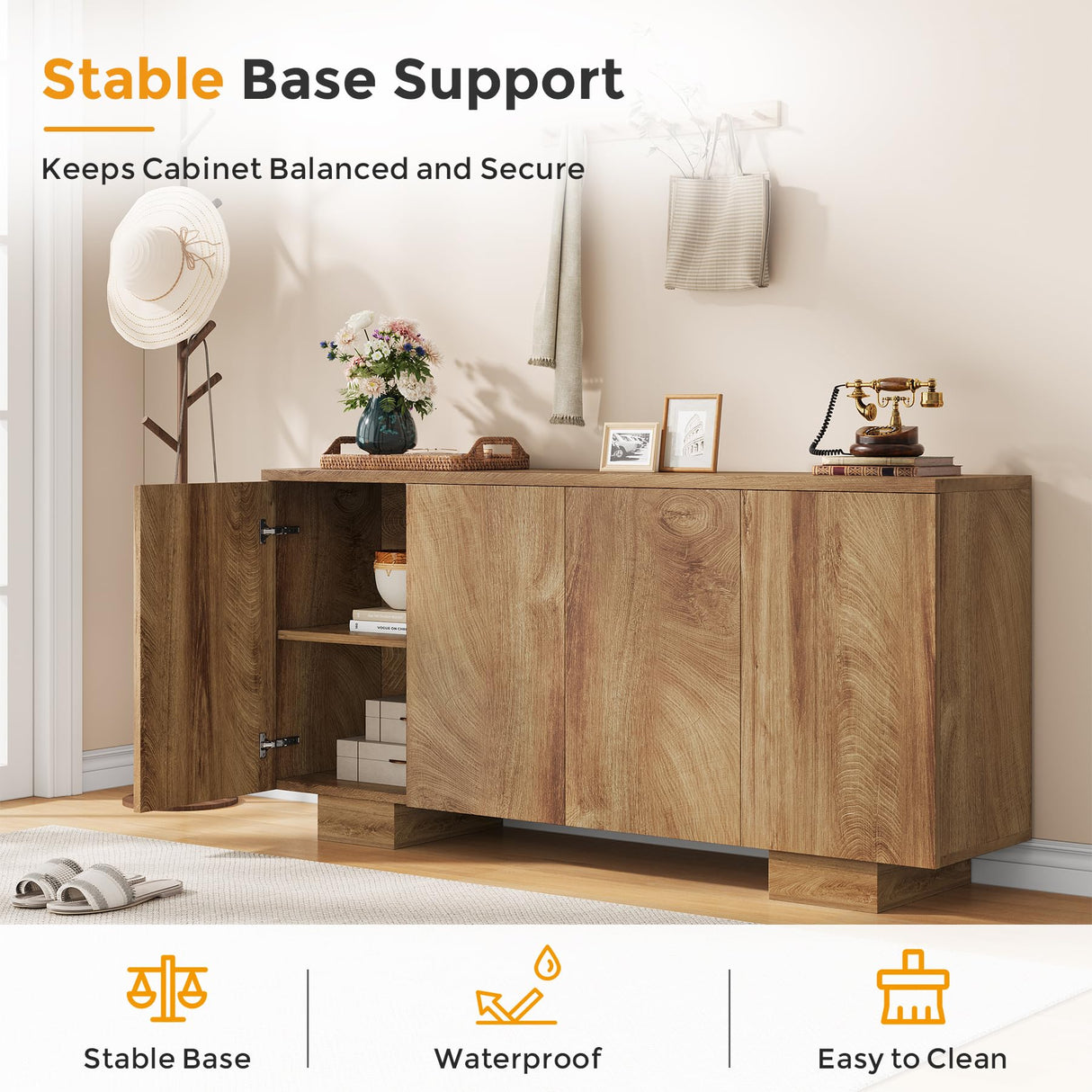 Condemo Sideboard Buffet Cabinet with Storage, Farmhouse Coffee Bar Cabinet with 4 Doors & Adjustable Shelves for Living Room, Kitchen, Hallway, Oak Condemo