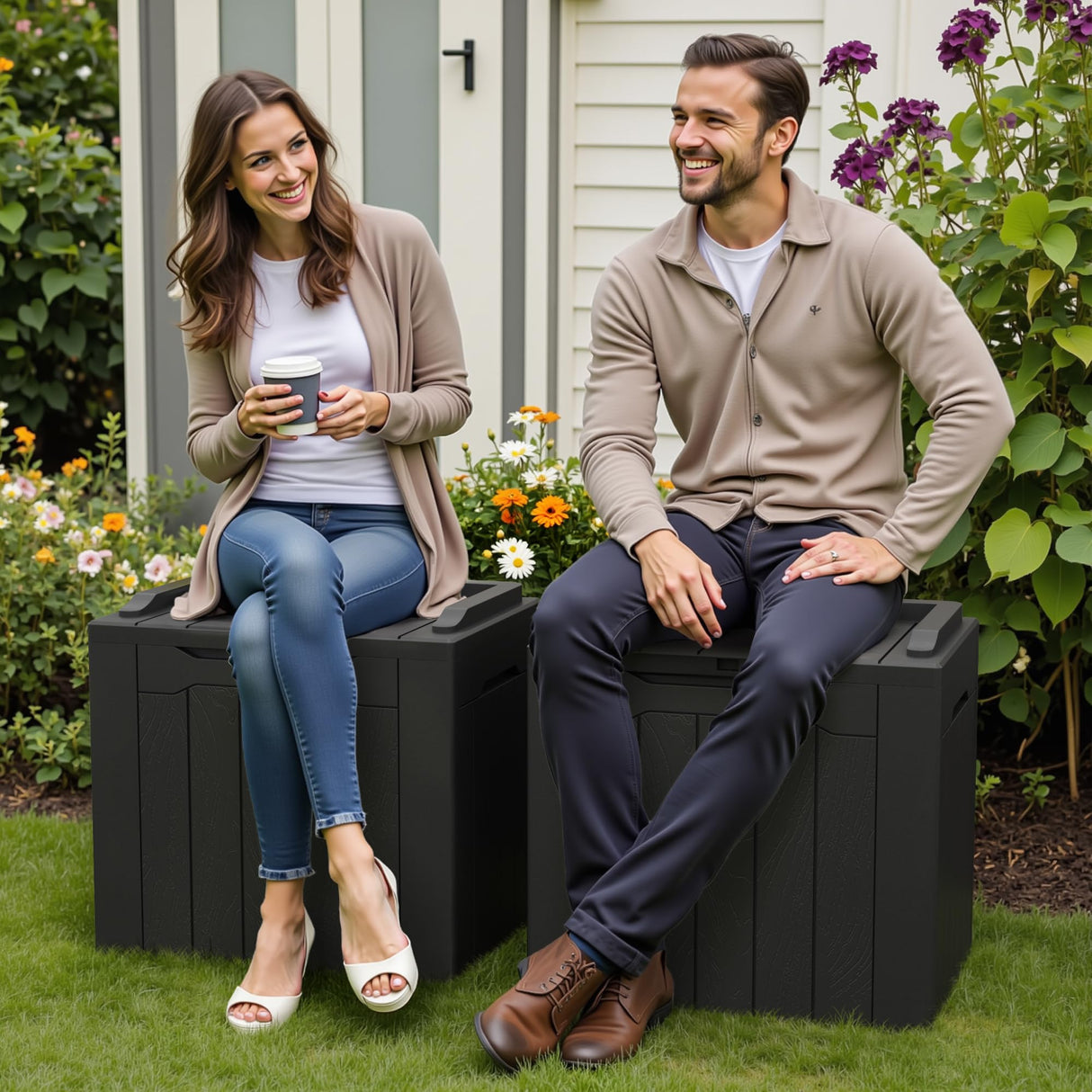 Greesum 31 Gallon Deck Box for Outside, All Weather Outdoor Storage Boxes for Patio Furniture Set, Package Delivery Box, Garden Tools, Black(Set of 2) Greesum