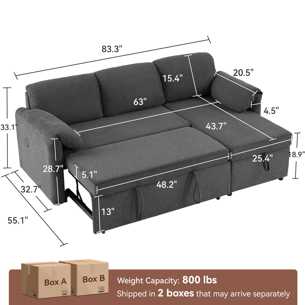 Tbfit Sleeper Sofa Couch with Pullout Bed, 83’’Sofa Bed Couch with Storage Chaise & USB, Egyptian Velvet Convertible Sleeper Sofa, Pull Out Sofa for Living Room, Dark Gray Tbfit