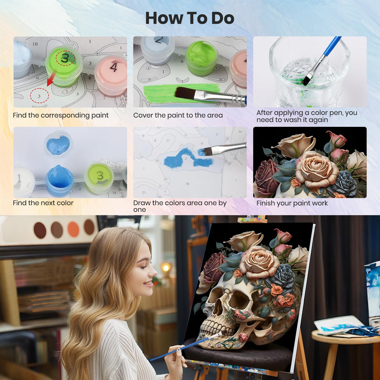 HEIBAGO Halloween Framed Paint by Numbers Kit for Adults, Skull Paint by Numbers for Beginner, Skeleton Adult Paint by Number Kits on Canvas, Painting by Numbers for Gift Home Wall Decor 12 * 16 inch HEIBAGO