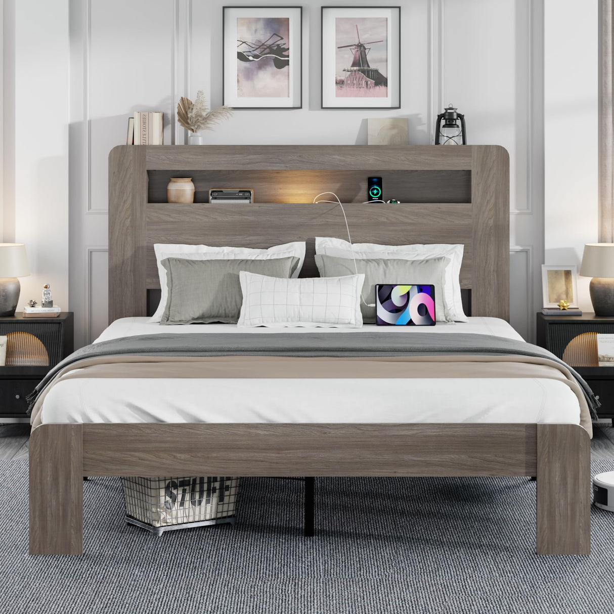 Queen Size Wooden Bed Frame with Bookcace Storage Headboard, Rustic Farmhouse Bedframe with LED Lights and Charging Station, Sturdy and Stable, Slat Support, No Box Spring Required (Light Brown) PAUKIN