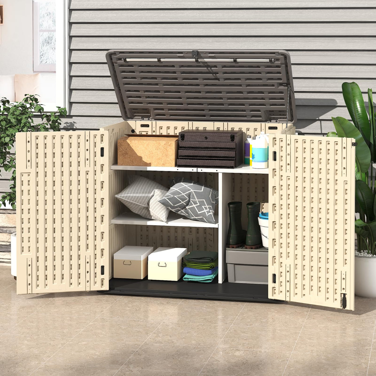 IWDOO 30 Cu.Ft Outdoor Storage Shed, Multi-Purpose Weather-Resistant Utility Shed for Garbage Cans, Lawn Mower, Garden Tools, Waterproof Resin Horizontal Cabinet with Pad-Lockable Doors (Khaki) IWDOO