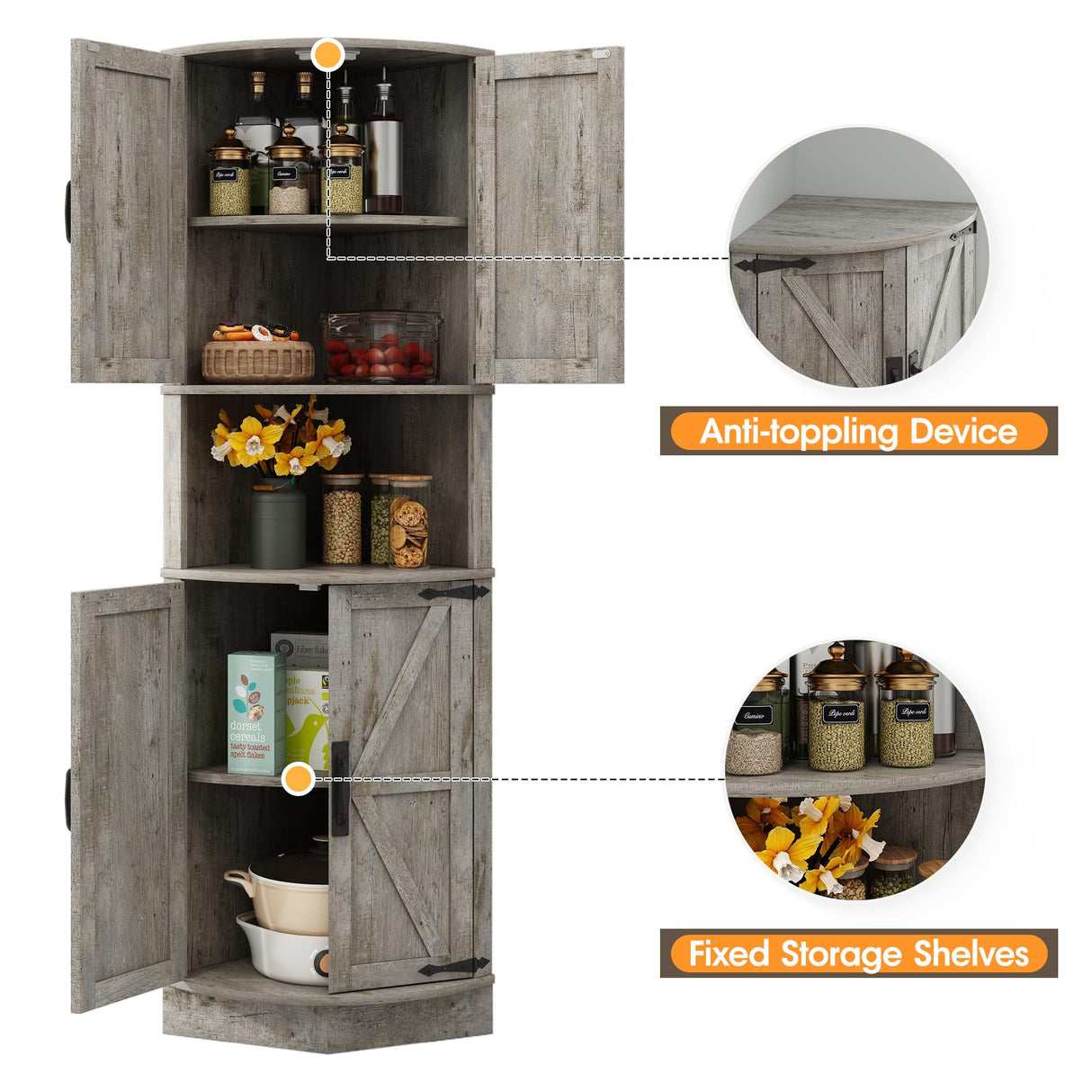 Vabches 64.8" Tall Farmhouse Corner Cabinet with 4 Doors and 5 Storage Shelves, Farmhouse Storage Cabinet with Barn Door Design, Home Space Saver for Living Room, Kitchen, Laundry Room,Grey Vabches