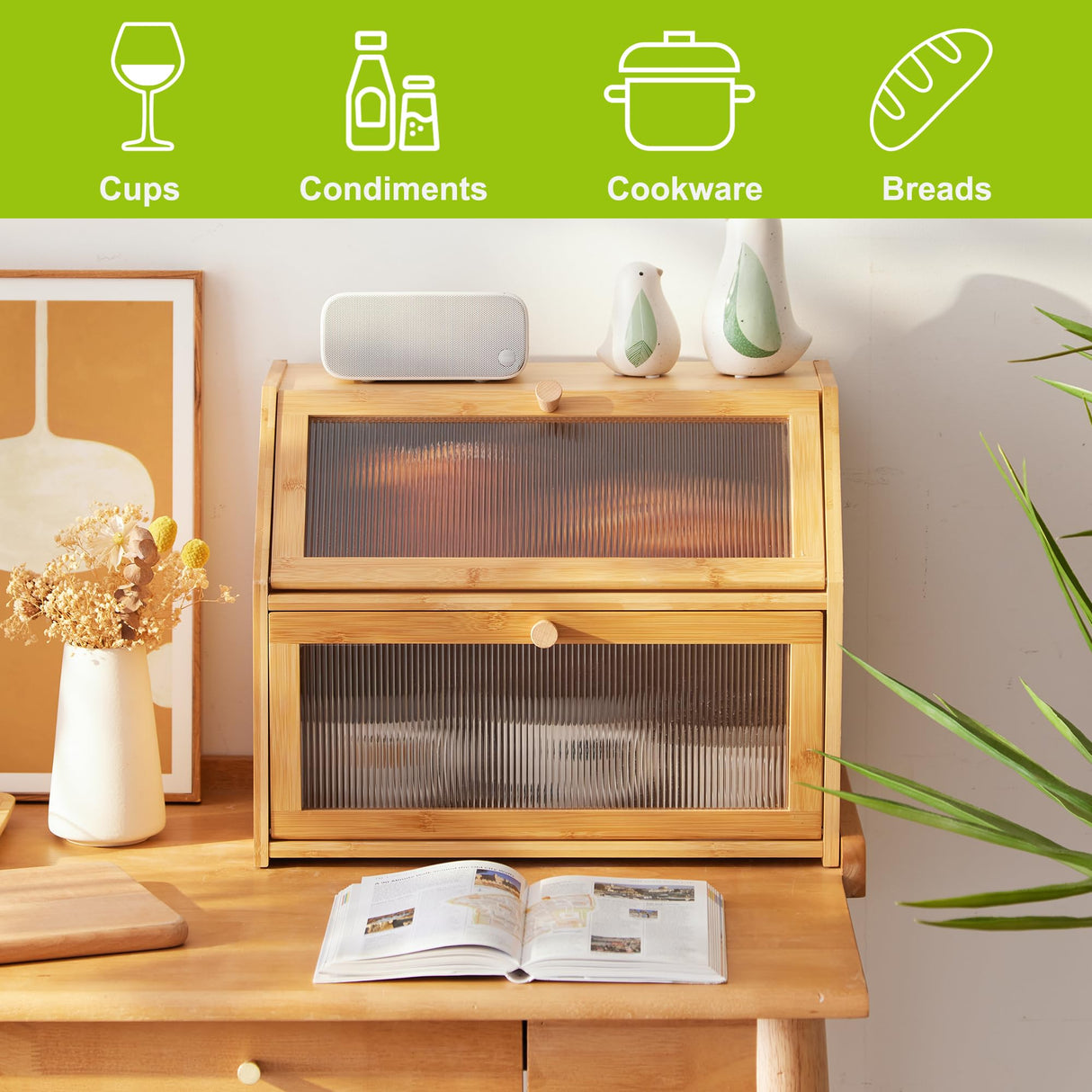 BMOSU Large Bread Box for Kitchen Countertop,Double Layer Bread Box for Kitchen Counter,Bamboo Wood Bread box Capacity Bin Kitchen Storage(Natural) BMOSU