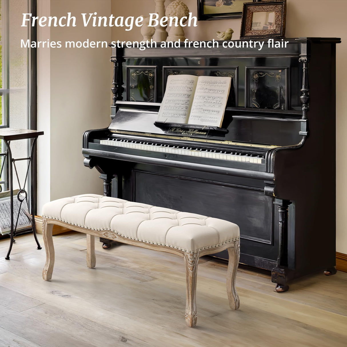 Cozyman Bedroom Bench, French Vintage Tufted Entryway Bench, 45.2" Carving Upholstered End of Bed Bench with Distressed Wood Legs, Linen Ottoman Bench Seat for Living Room, Foyer, Dining Room, Beige Cozyman