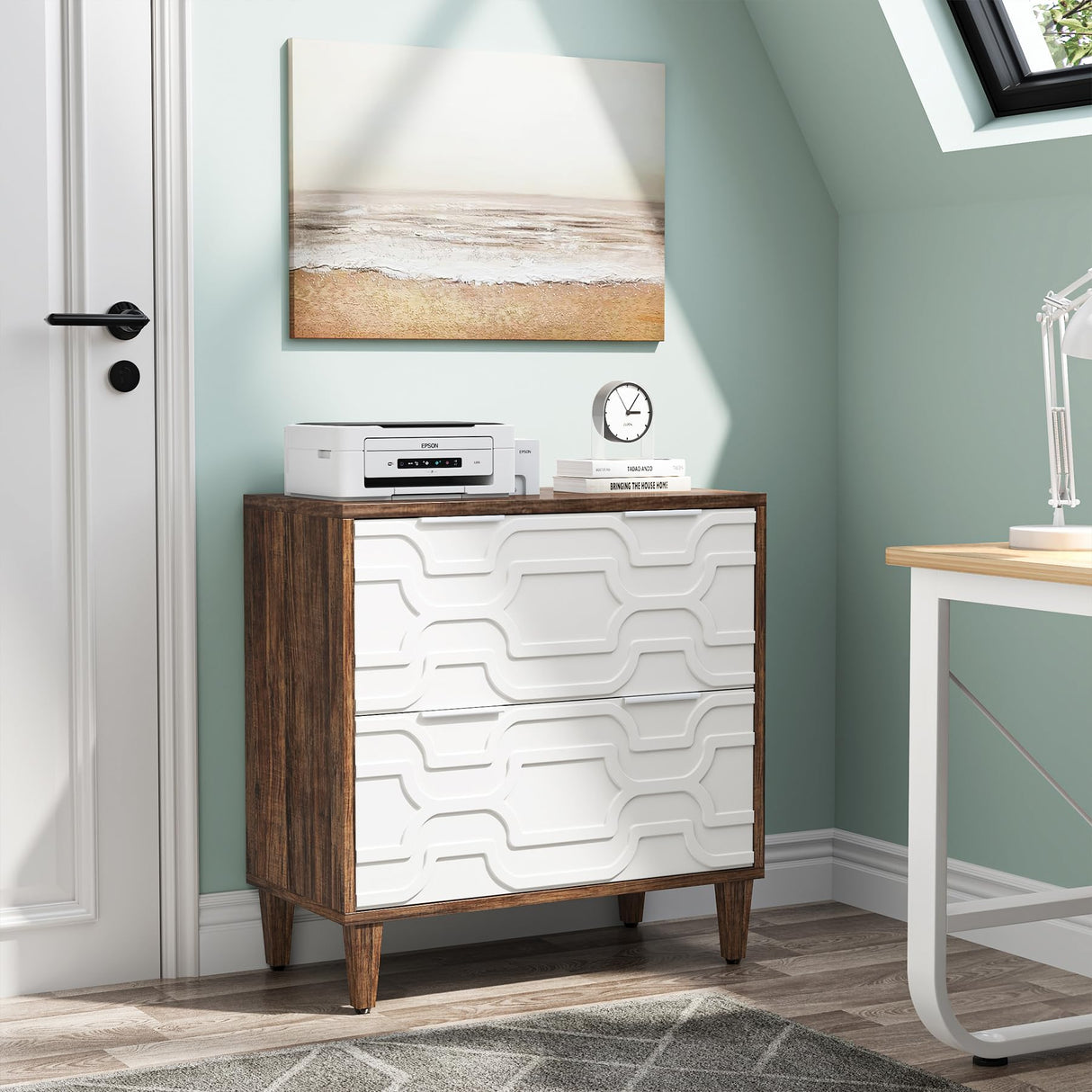 Tribesigns 2-Drawer File Cabinet, Lateral Filing Cabinet for A4/Letter/Legal Size, Office Storage Cabinet, Printer Stand with Storage Drawer for Home Office, Brown and White Tribesigns