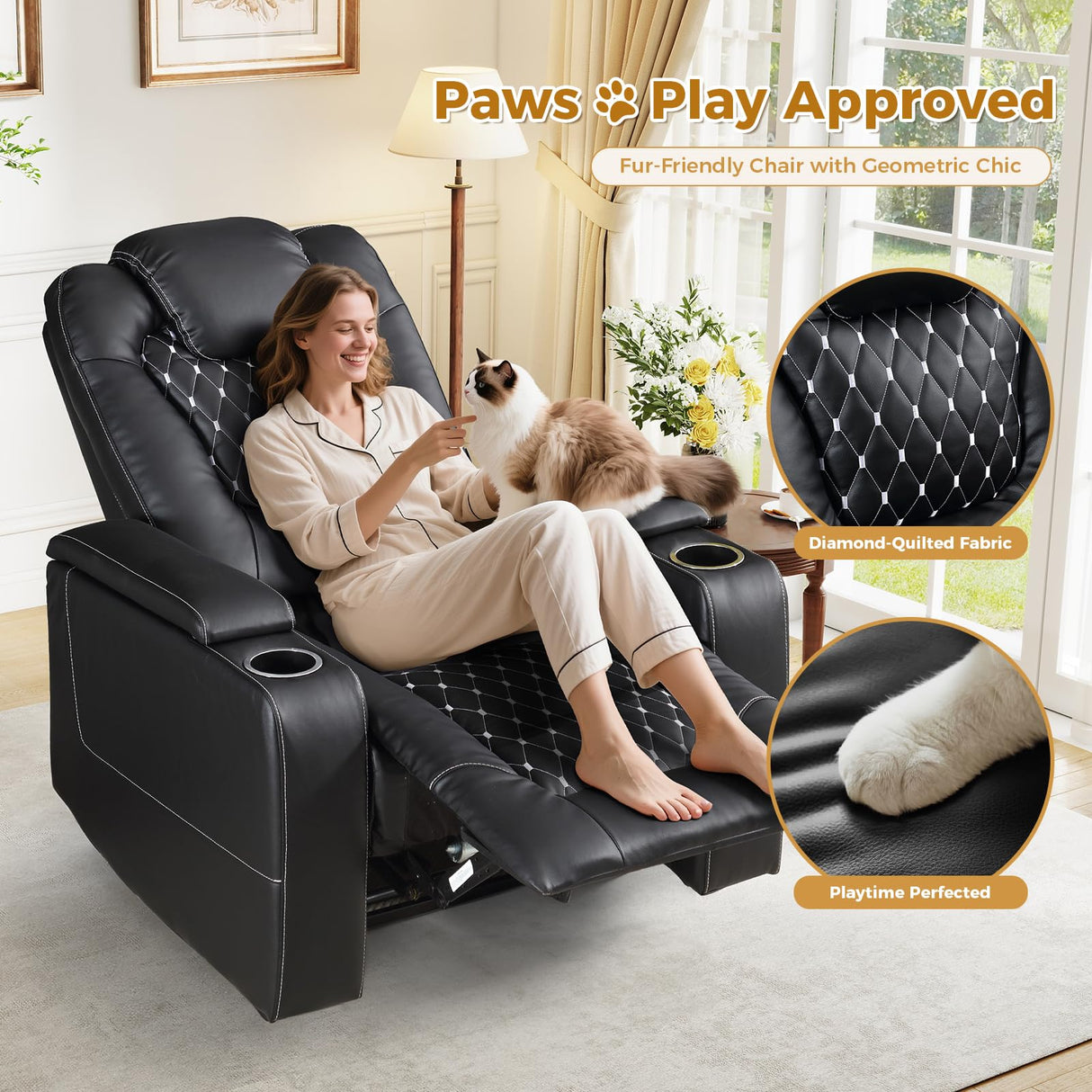 ANJ Power Recliner Chair with USB Ports and Cup Holders - Overstuffed Electric Home Theater Seating PU Leather Reclining Furniture with Hidden Arm Storage, Easy to Clean (Set of 2, Black) ANJ
