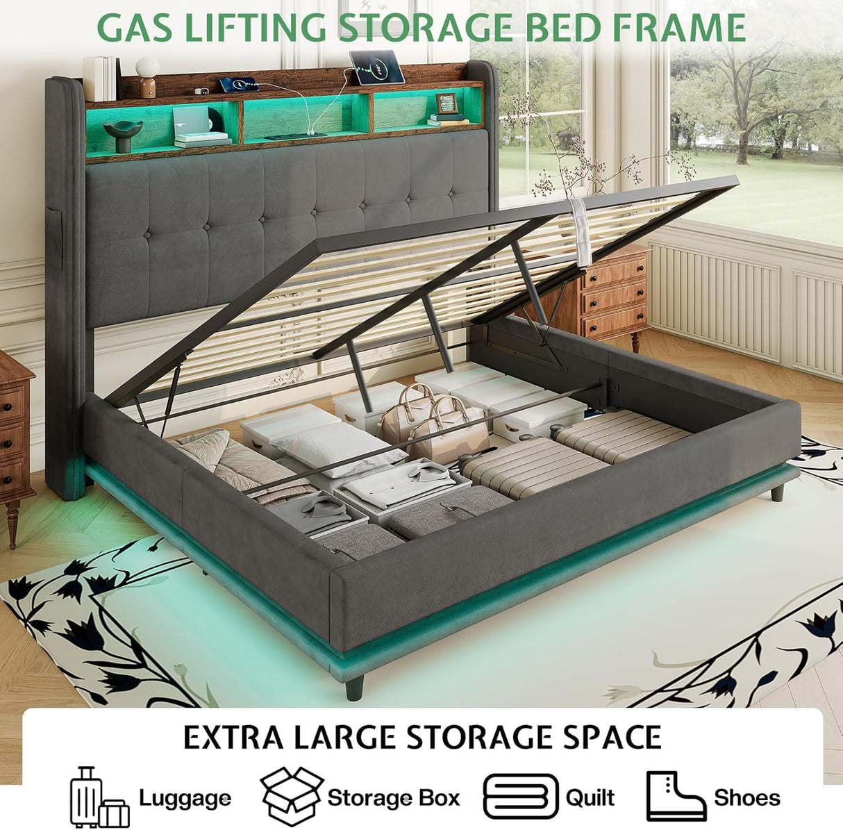 Jocisland 53.1" H Queen Size Bed Frame with Hydraulic Lift Up Storage, RGB LED & Built-in Bookcase Headboard, Velvet Upholstered Wingback Design, No Box Spring Needed, Dark Grey Jocisland