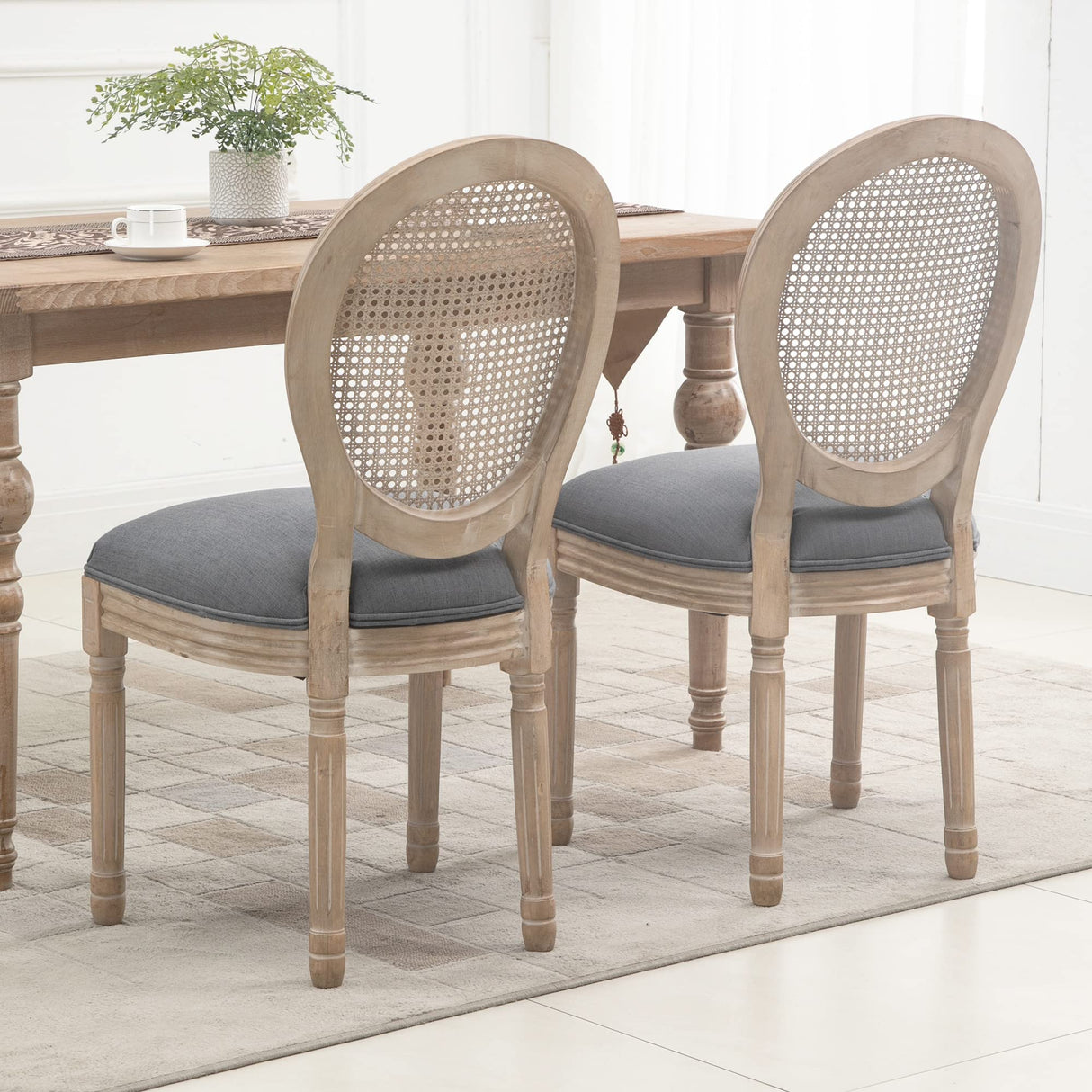 HOMCOM French-Style Upholstered Dining Chair Set, Armless Accent Side Chairs with Rattan Backrest and Linen-Touch Upholstery, Set of 2, Gray HOMCOM